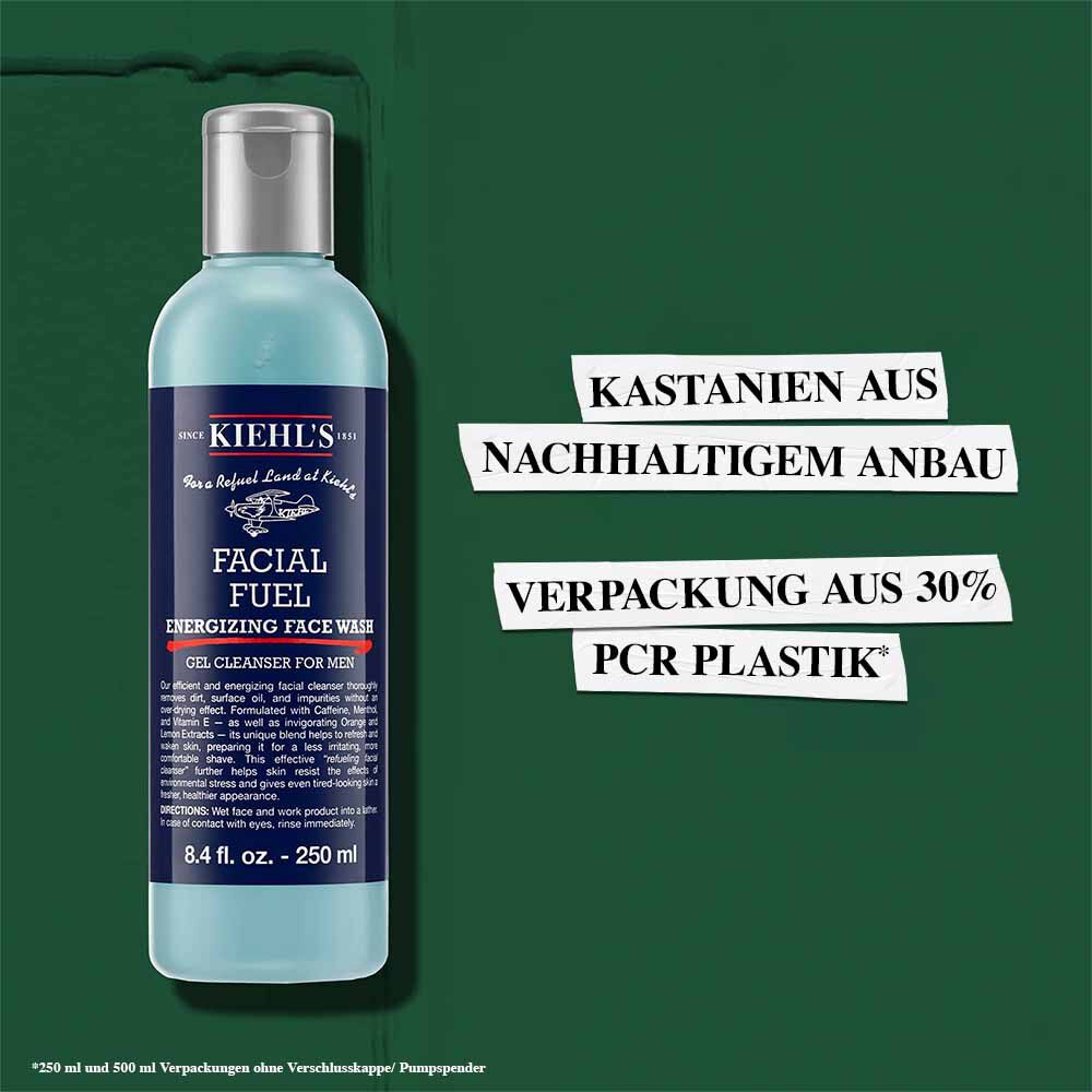 Facial Fuel Energizing Face Wash enthalt Inhaltsstoffe aus verantwortungsbewusstem Anbau und die Flasche besteht zu 100 % aus PCR-Kunststoff