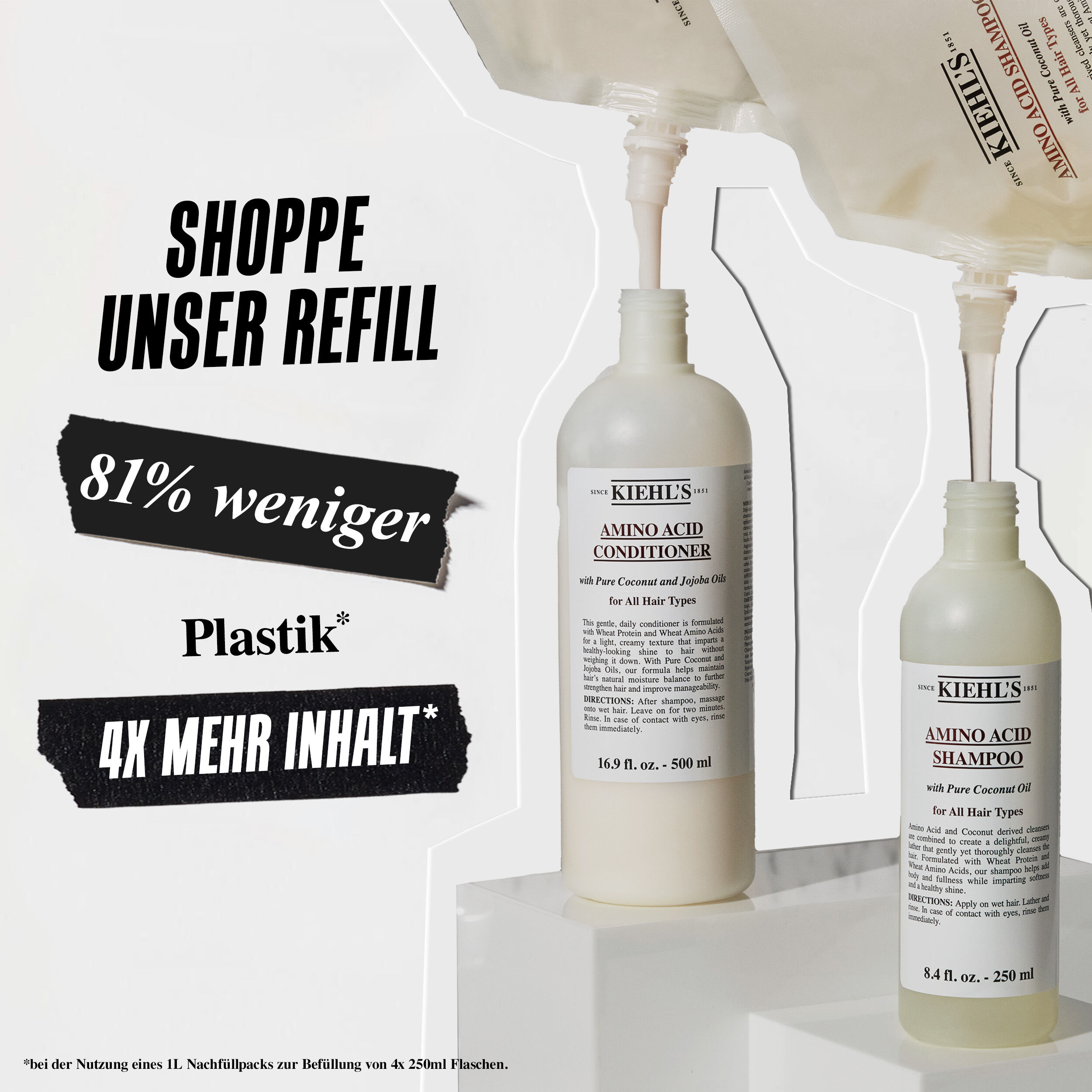 Sortiment an Kiehl's Amino Acid Shampoo-Flaschen in verschiedenen Großen