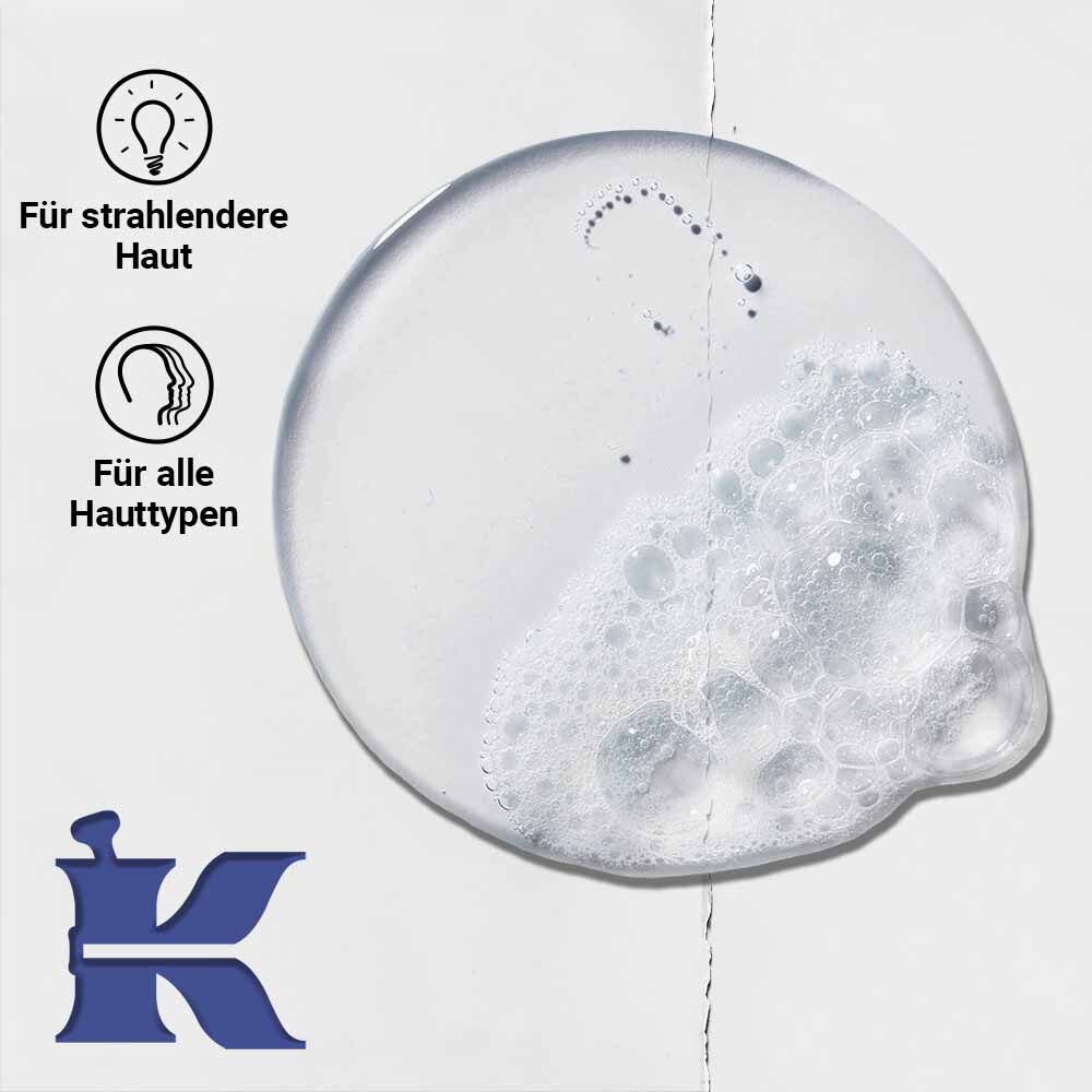 Texturfoto von Facial Fuel mit Symbolen, die bestatigen, dass es fahle Haut belebt und fur alle Hauttypen geeignet ist