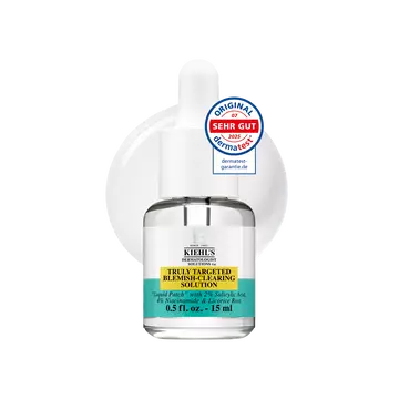 Eine 15-ml-Flasche Kiehl's Truly-Targeted Blemish-Clearing Solution vor weißem Hintergrund.