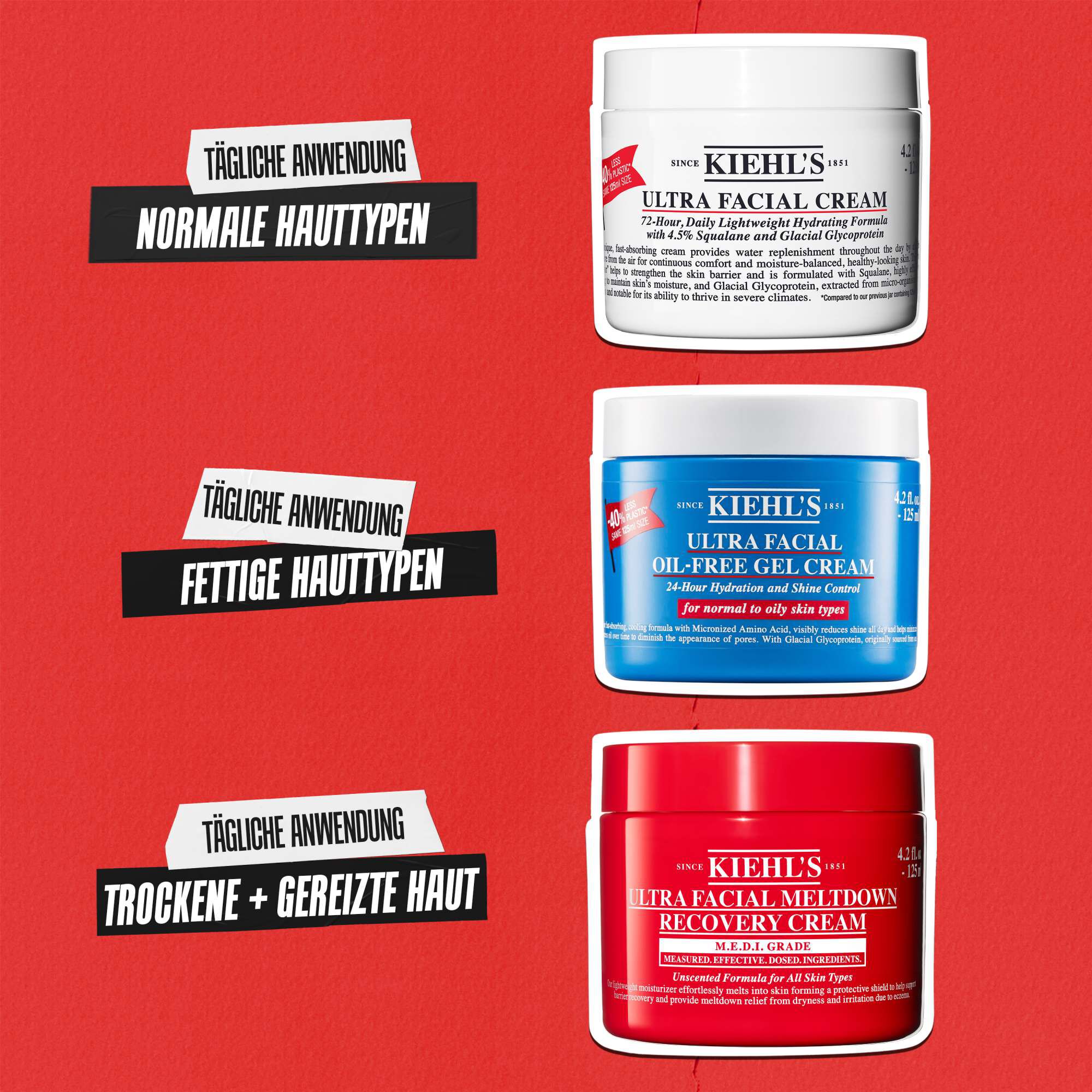 Drei Kiehl’s Cremes: Ultra Facial Cream fur normale Haut, Oil-Free Gel Cream fur fettige Haut und Meltdown Recovery Cream fur irritierte Haut.