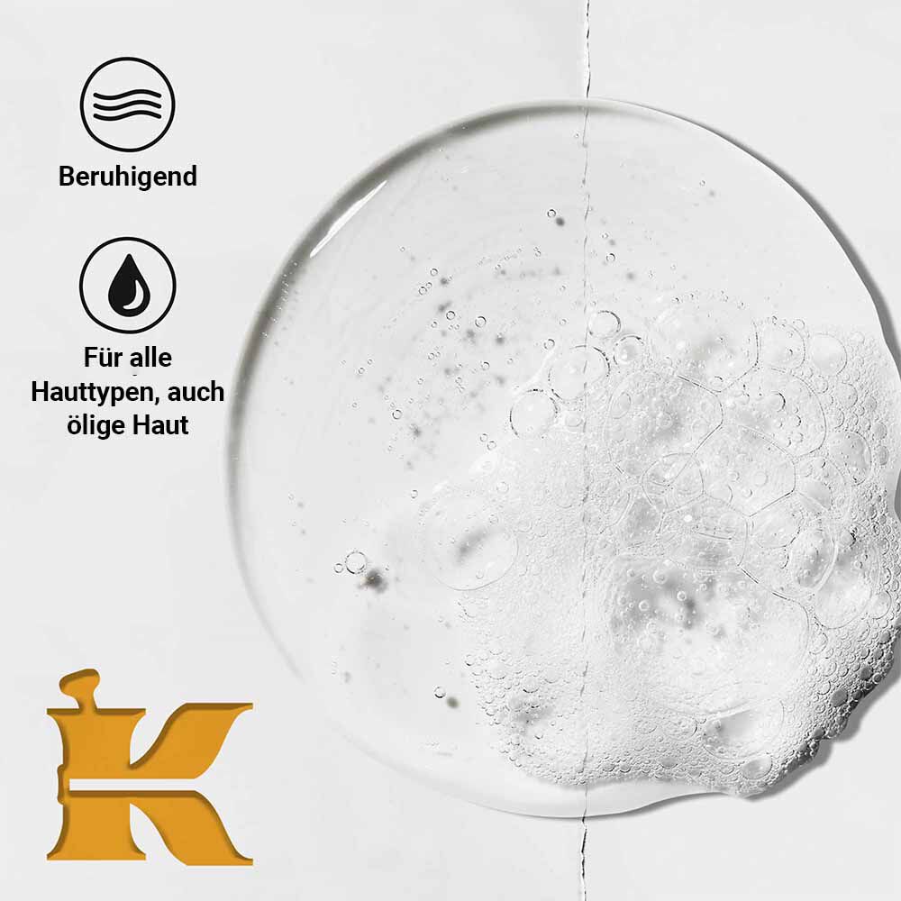 Produkttextur-Foto mit Symbolen, die bestatigen, dass es beruhigend wirkt und fur fettige Haut entwickelt wurde