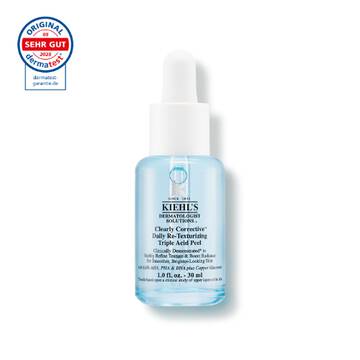 Eine 30-ml-Flasche Kiehl's Clearly Corrective Triple Acid Peel mit einer klaren Flussigkeit vor weißem Hintergrund.