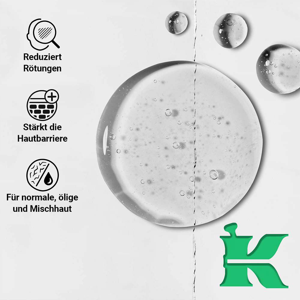 Texturfoto mit Symbolen: reduziert Rotungen, starkt die Hautbarriere, fur Mischhaut geeignet