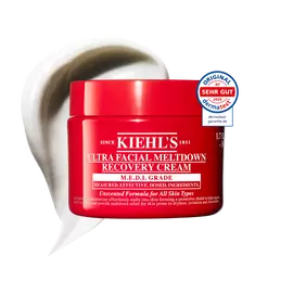 Roter Tiegel der Kiehl’s Ultra Facial Meltdown Recovery Cream Whip mit einer aufgeschlagenen Cremetextur.