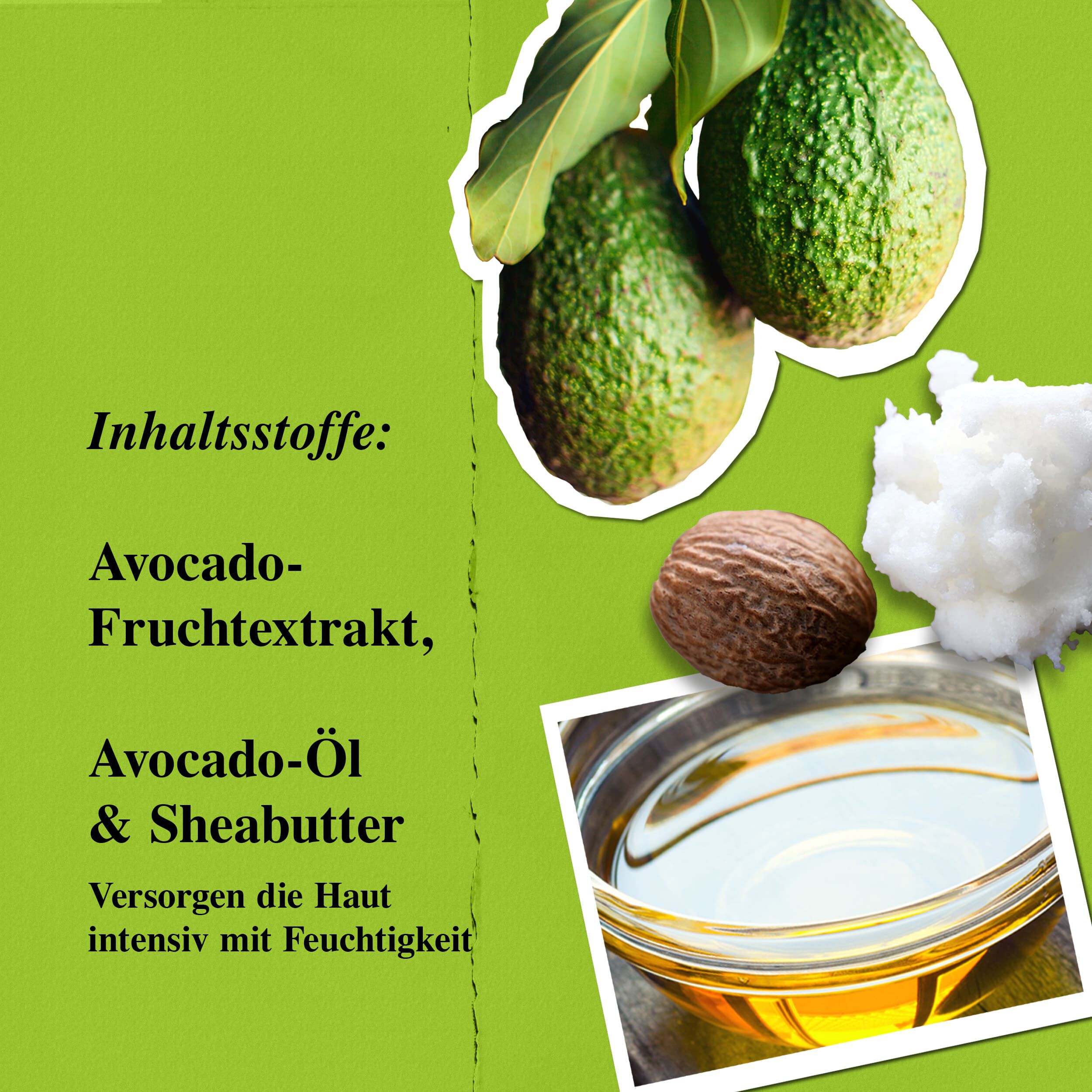 Inhaltsstoffe der Avocado Nourishing Hydration Mask – Avocadofruchtextrakt, Sheabutter, Avocadool