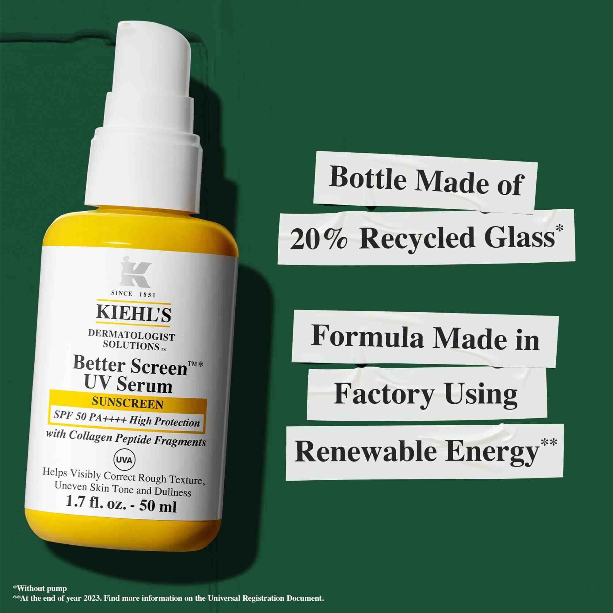Kiehl's Better Screen UV Serum, SPF 50, dans un flacon fabrique a partir de 20 % de verre recycle, produit de maniere durable avec des energies renouvelables