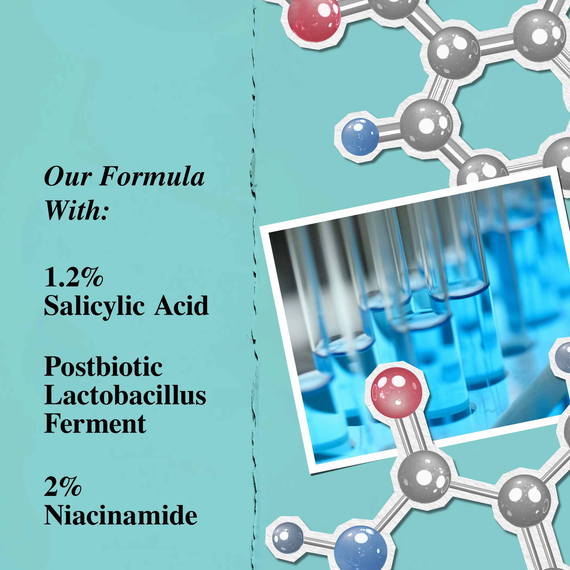 Eine Grafik, die die Hauptinhaltsstoffe der Expertly Clear Blemish-Treating & Preventing Lotion hervorhebt, einschließlich Salicylsaure, postbiotischem Lactobacillus-Ferment und Niacinamid.
