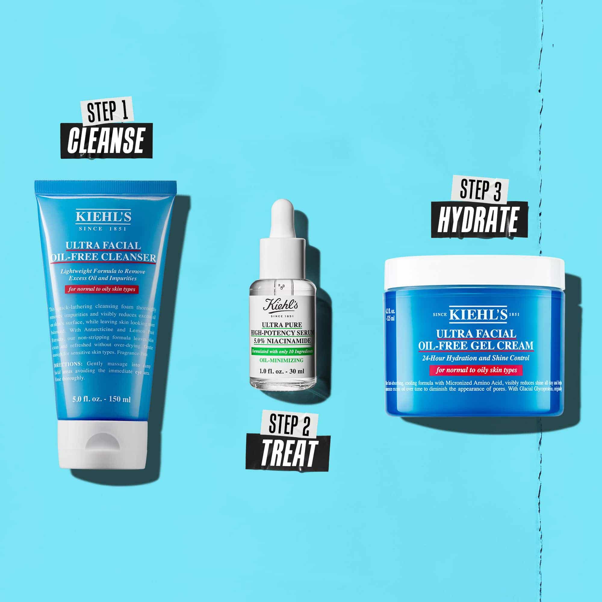 Une routine en trois etapes avec les produits Kiehl's. Etape 1 : Ultra Facial Oil-Free Cleanser. Etape 2 : Serum a la Niacinamide. Etape 3 : Ultra Facial Oil-Free Gel Cream.