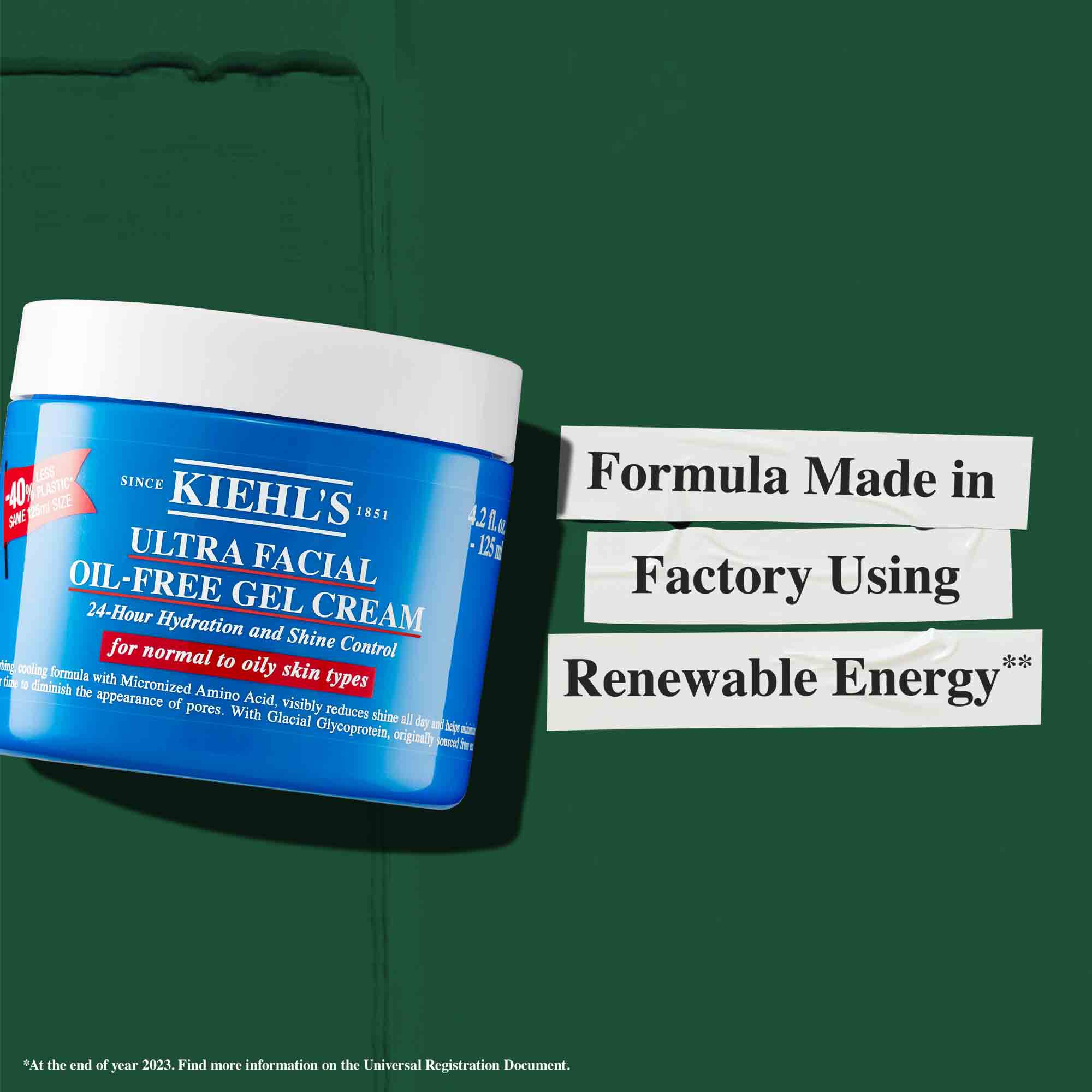 Ein Tiegel Ultra Facial Oil-Free Gel Cream mit dem Text „Formel hergestellt in einem Werk mit erneuerbarer Energie.“