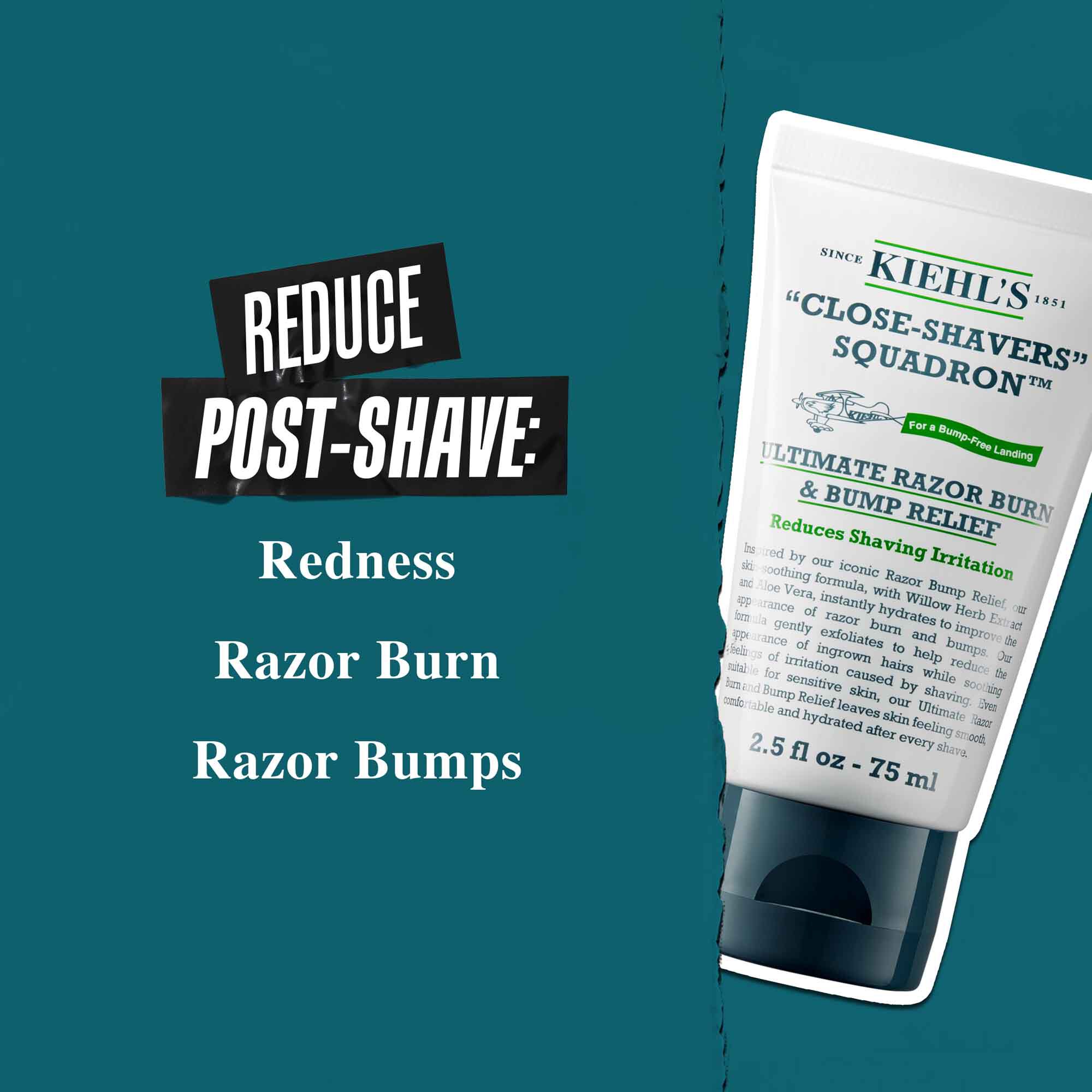 Tube Close Shavers Squadron Smooth Glider Precision Shave Lotion auf einem blaugrunen Hintergrund. Der Text lautet: „Reduziert Rotungen nach der Rasur, Rasurbrand und Rasierpickel.“