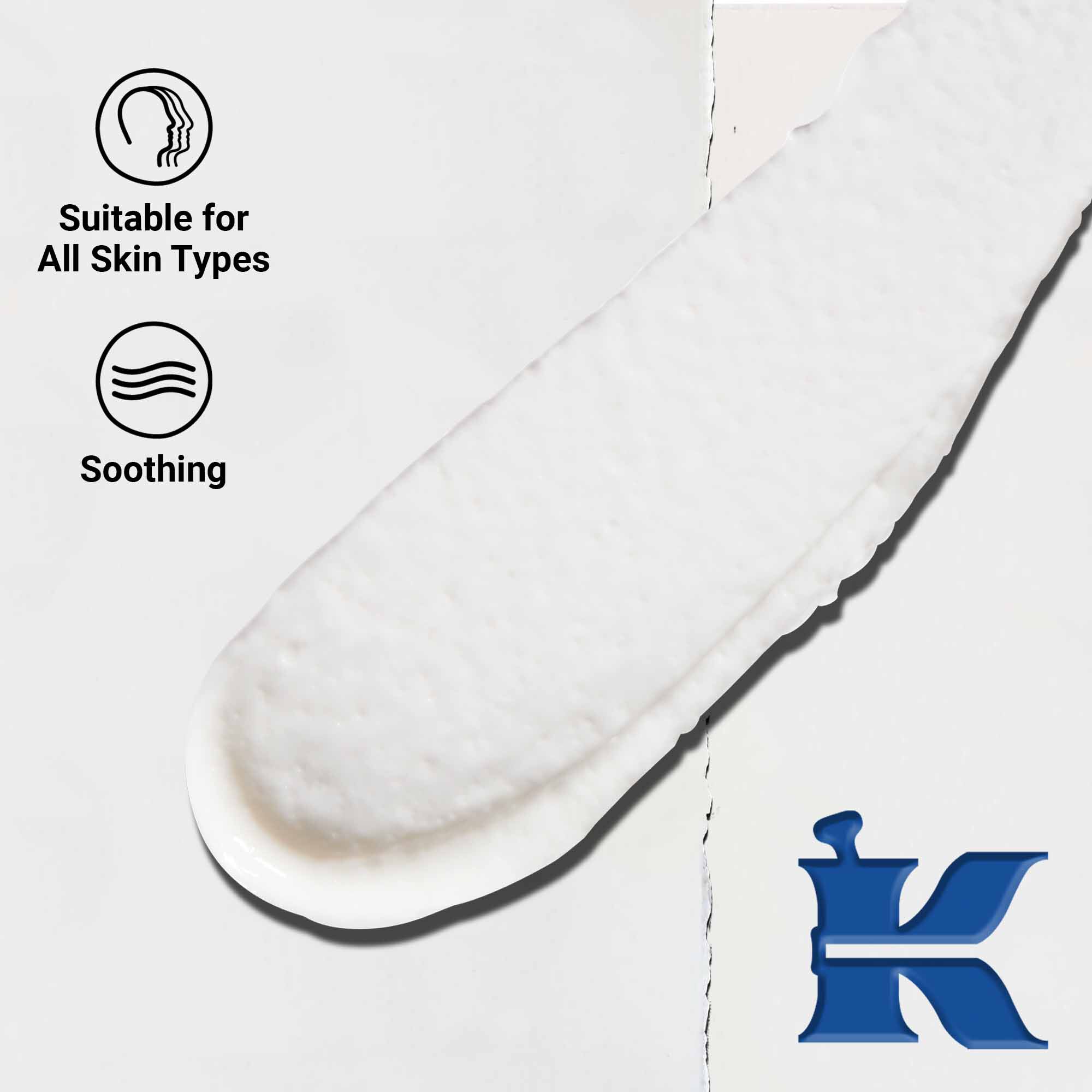 Nahaufnahme der Textur von Ultimate Brushless Shave Cream White Eagle. Der Text hebt hervor, dass sie fur alle Hauttypen geeignet ist, sowie ihre beruhigende und nicht reizende Formel.