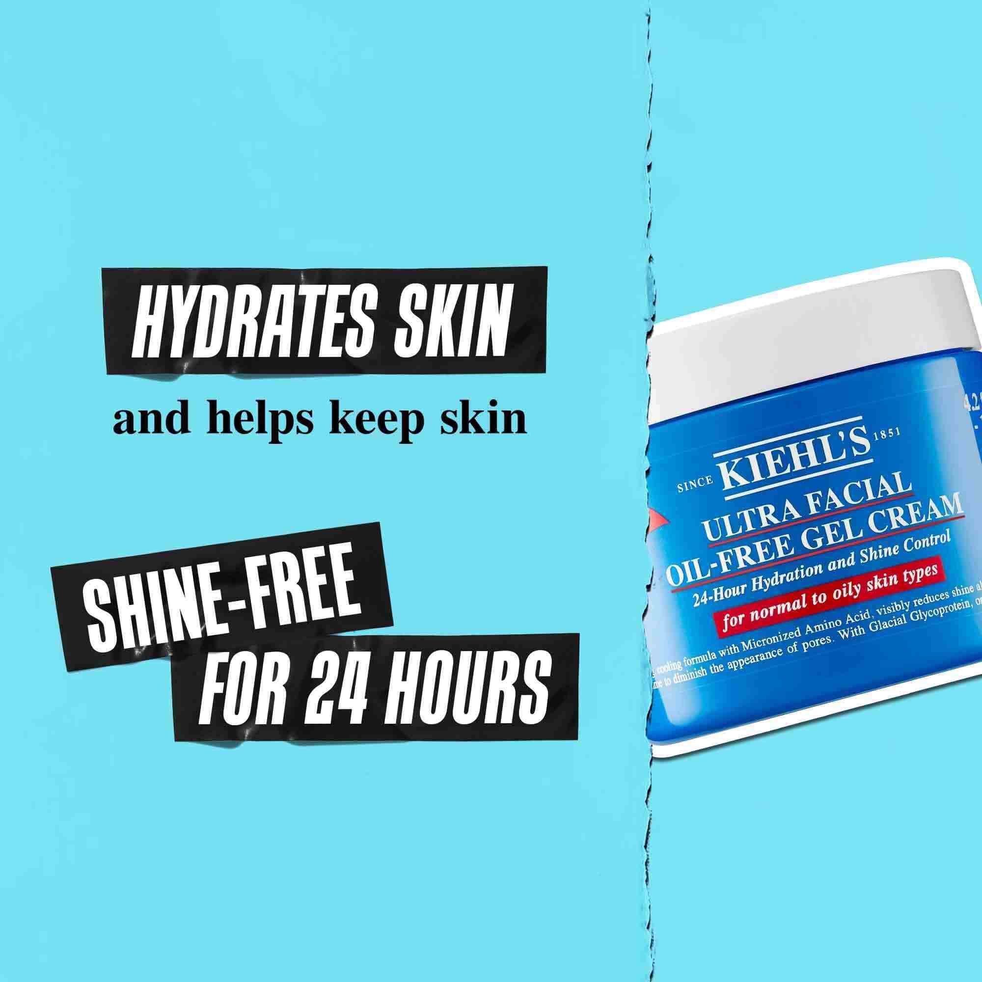 Ein Tiegel Ultra Facial Oil-Free Gel Cream vor blauem Hintergrund mit dem Text: „Versorgt die Haut mit Feuchtigkeit und hilft, sie 24 Stunden lang glanzfrei zu halten.“