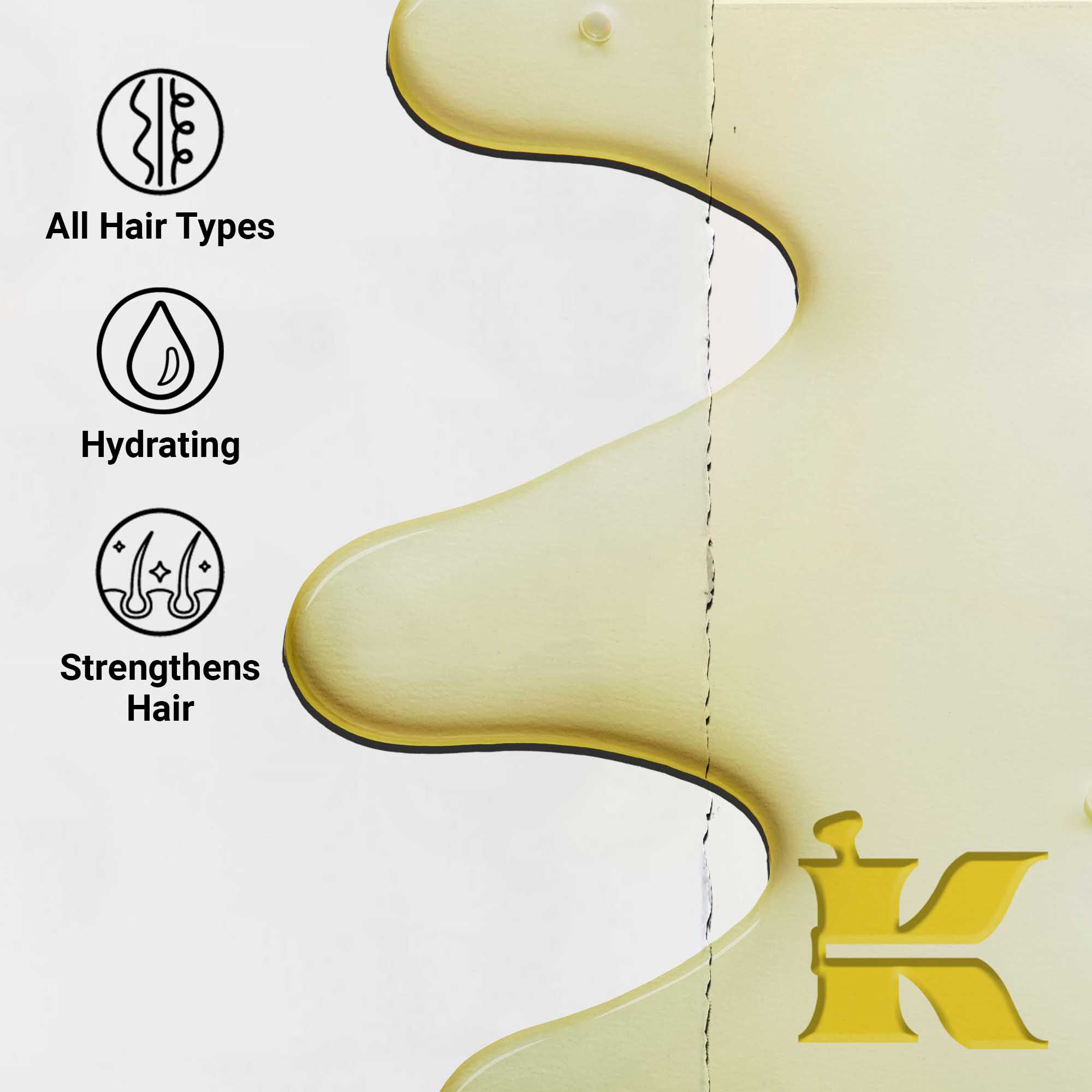 Gros plan sur la texture de l'huile capillaire Magic Elixir. Le texte souligne qu'elle est hydratante, legere et concue pour ameliorer la texture des cheveux pour tous les types de cheveux.