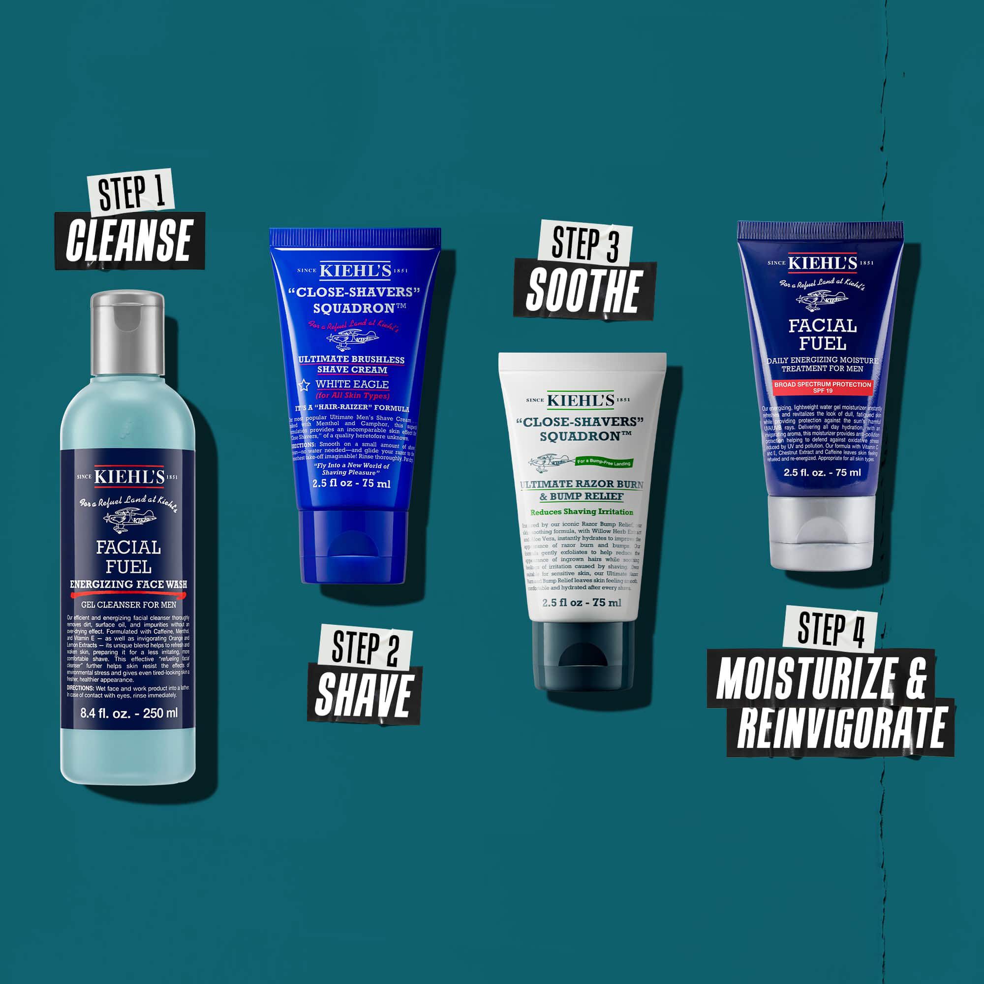 Vier Kiehl’s Produkte fur eine Manner-Hautpflegeroutine: Reinigen, Rasieren, Beruhigen und Befeuchten/Beleben