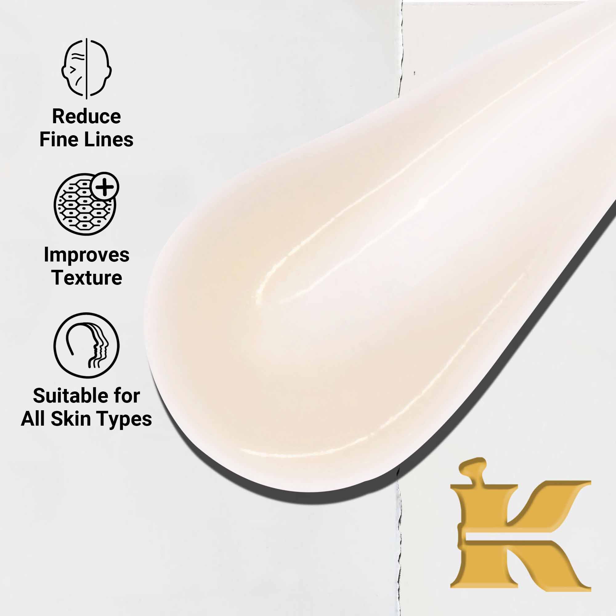 Gros plan sur la texture du Powerful-Strength Line-Reducing Concentrate. Le texte souligne sa capacite a reduire les ridules, a ameliorer la texture de la peau et sa compatibilite avec tous les types de peau.