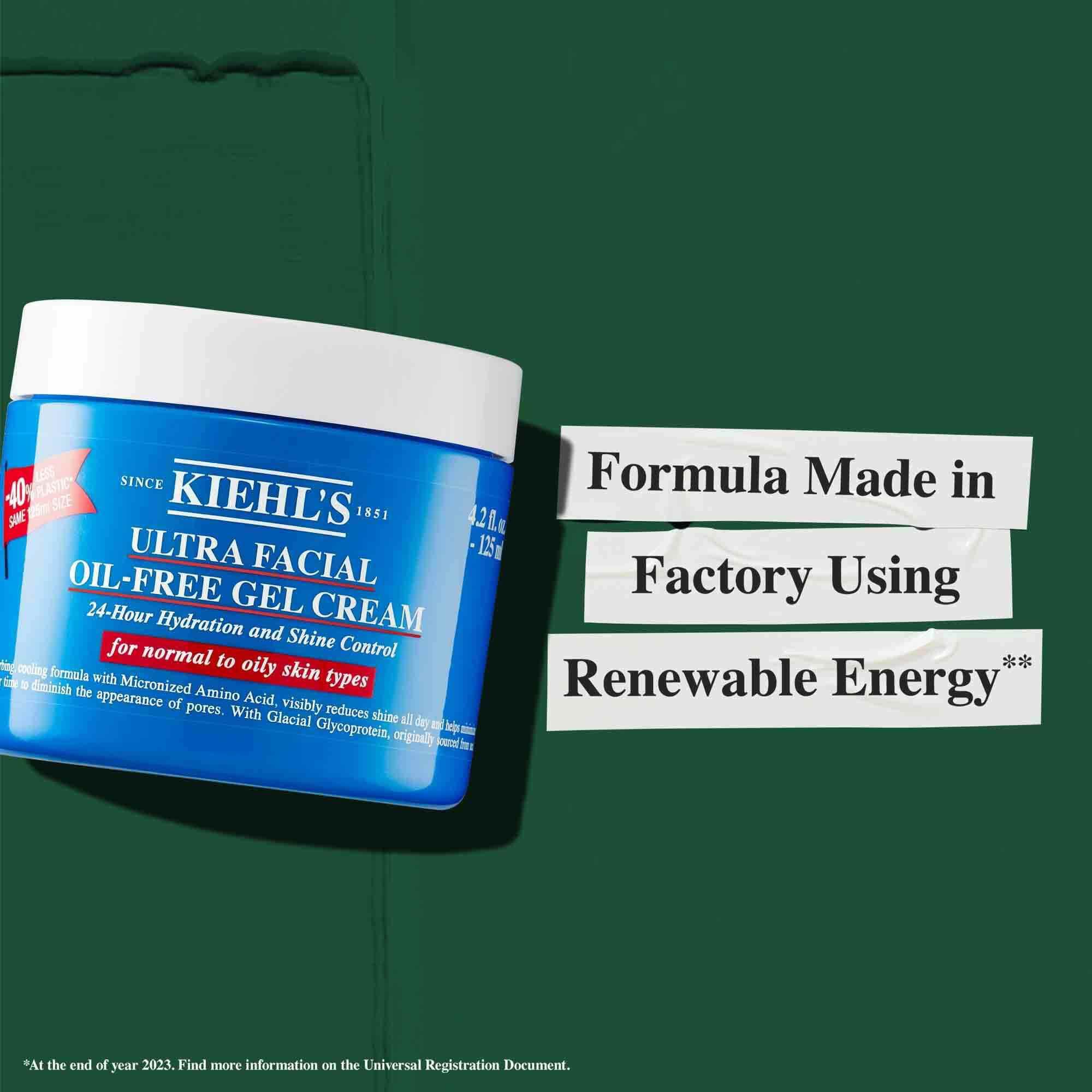 Ein Tiegel Ultra Facial Oil-Free Gel Cream mit dem Text „Formel hergestellt in einem Werk mit erneuerbarer Energie.“