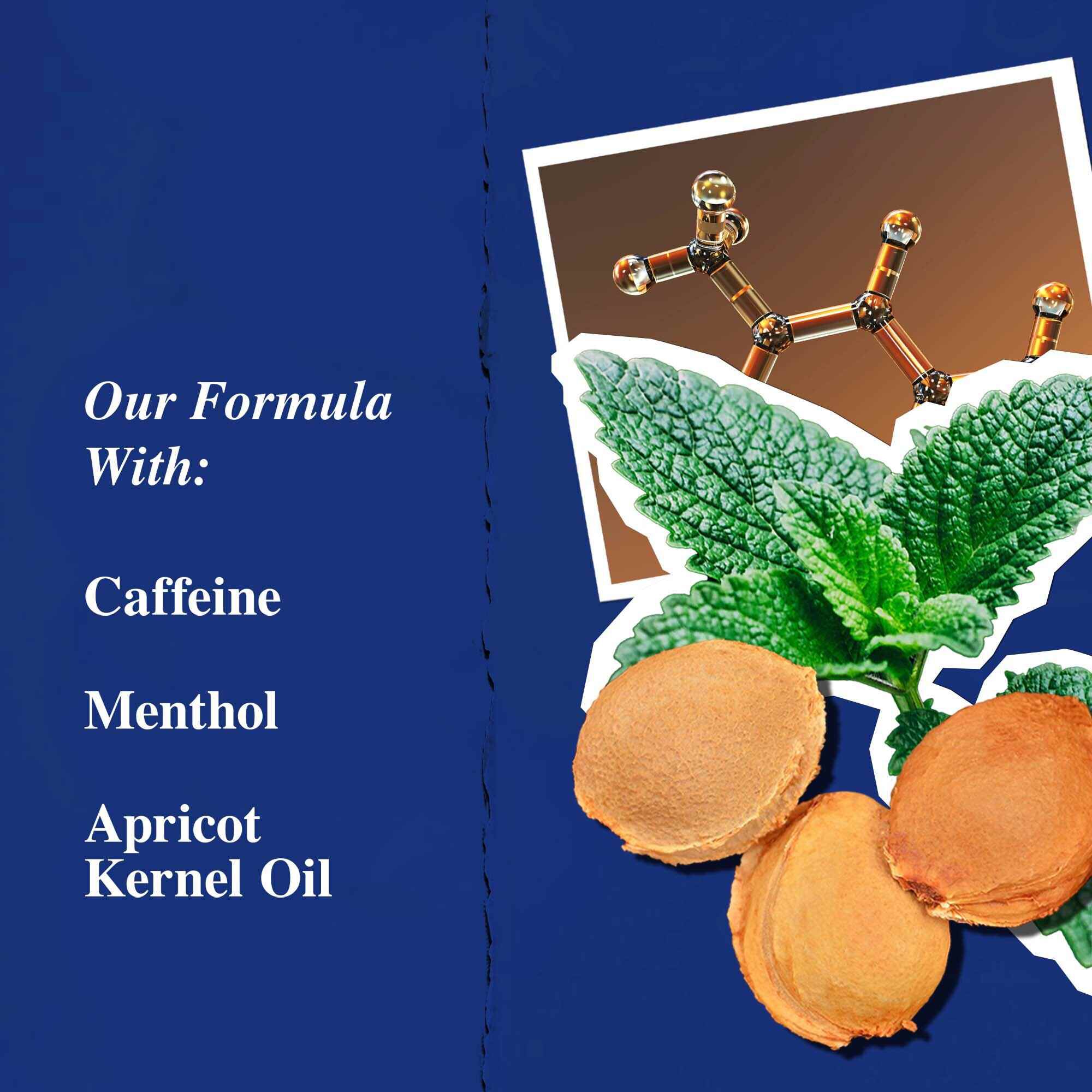 Graphique des ingredients cles mettant en avant la cafeine, le menthol et l'huile de noyau d'abricot.