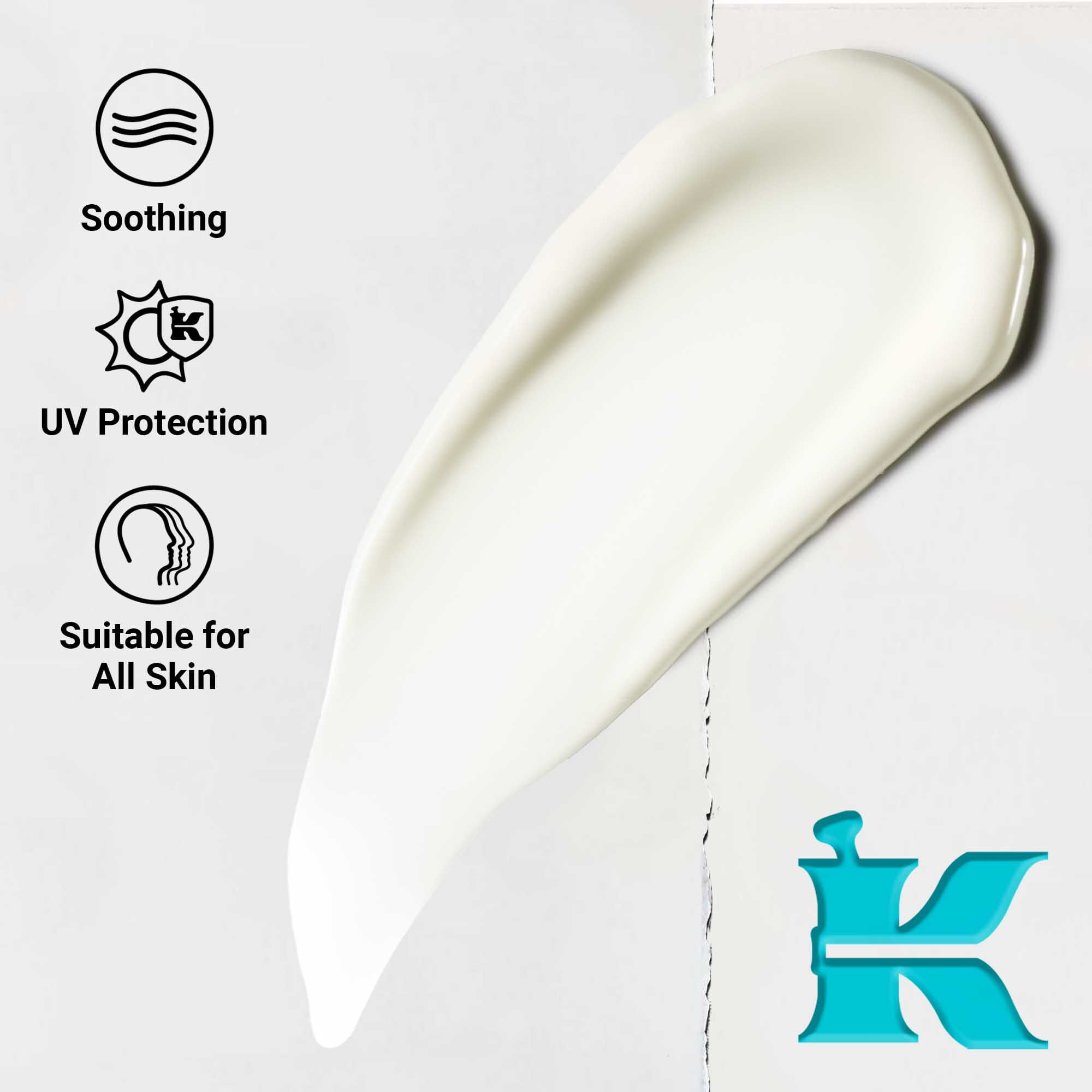 Nahaufnahme der Textur von Ultra Light Daily UV Defense Aqua Gel, die eine leichte, cremige Formel zeigt. Der Text hebt die beruhigenden und UV-schutzenden Vorteile hervor, geeignet fur alle Hauttypen.