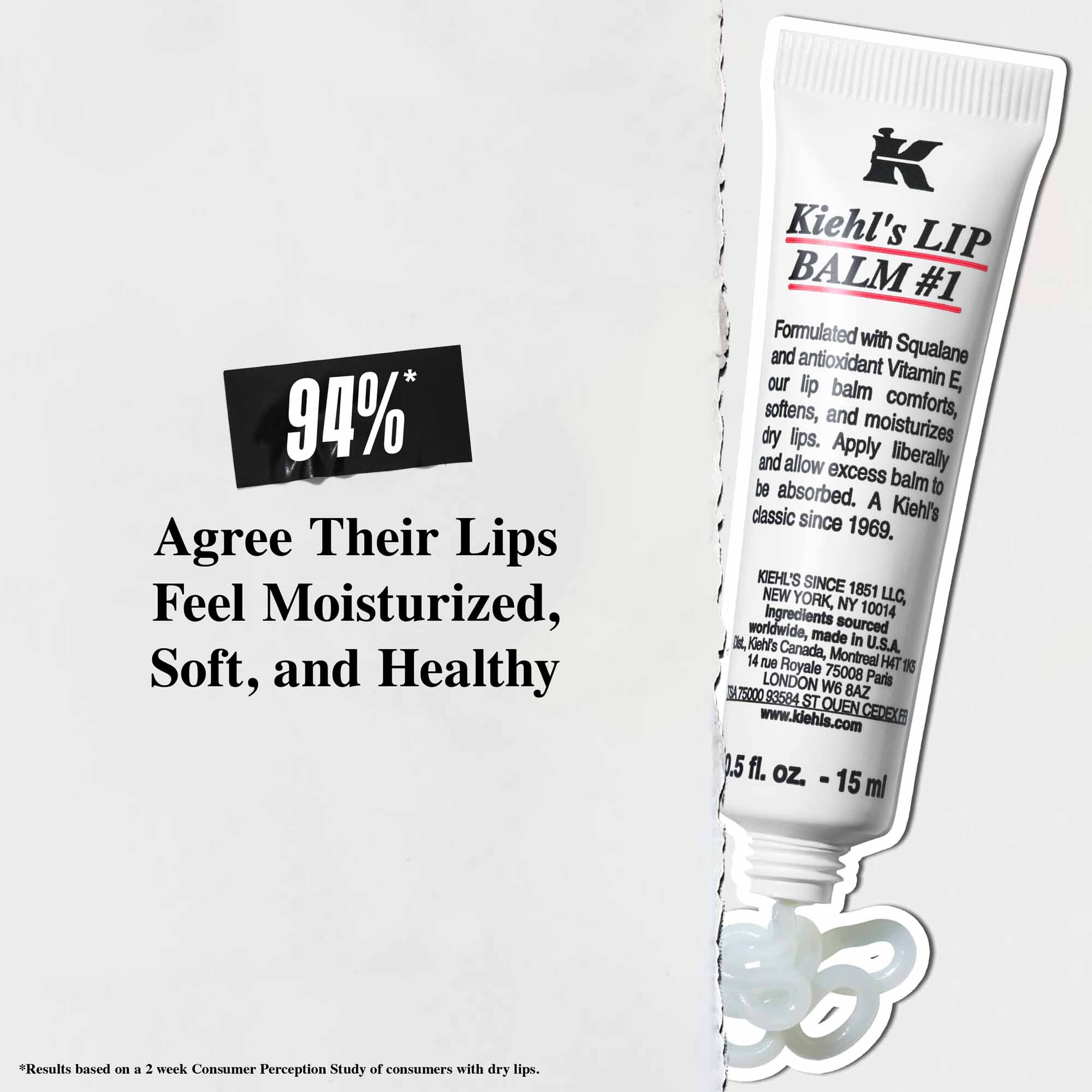 Un tube de Lip Balm #1 sur fond blanc avec le texte : « 94 % des utilisateurs trouvent leurs levres hydratees, douces et saines. »