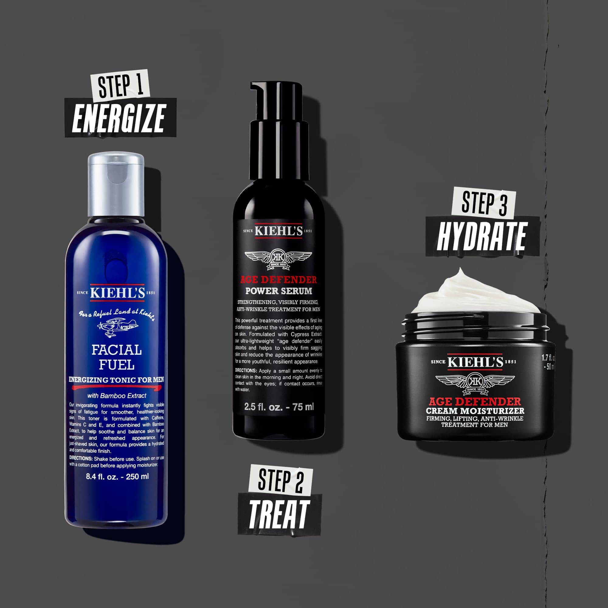 Drei-Schritte Age Defender Routine: Schritt 1: Augenpflege. Schritt 2: Hydratisierendes Serum. Schritt 3: Regenerierende Creme.