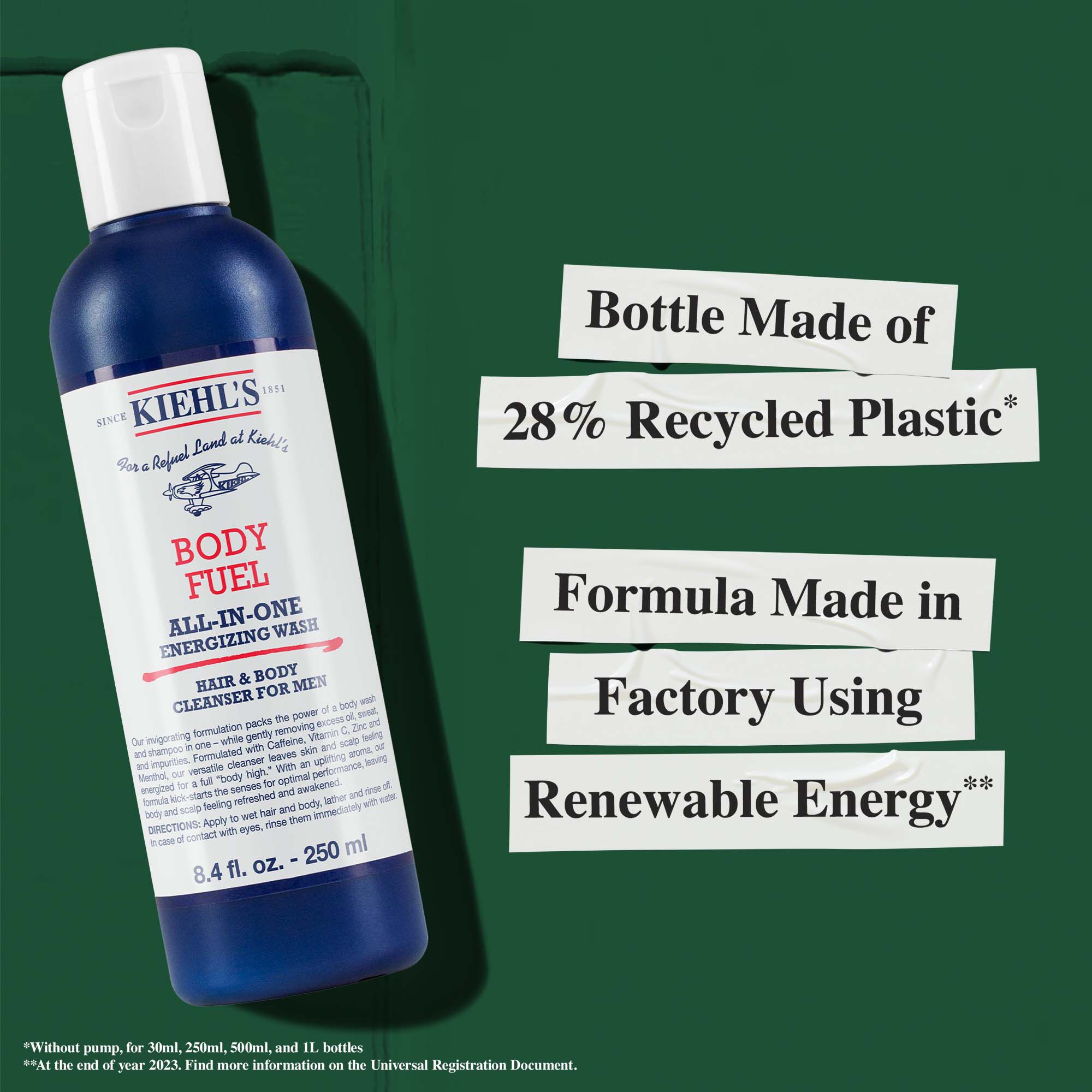 Flacon de Body Fuel compose a 28 % de plastique recycle ; formule fabriquee dans une usine utilisant de l'energie renouvelable.