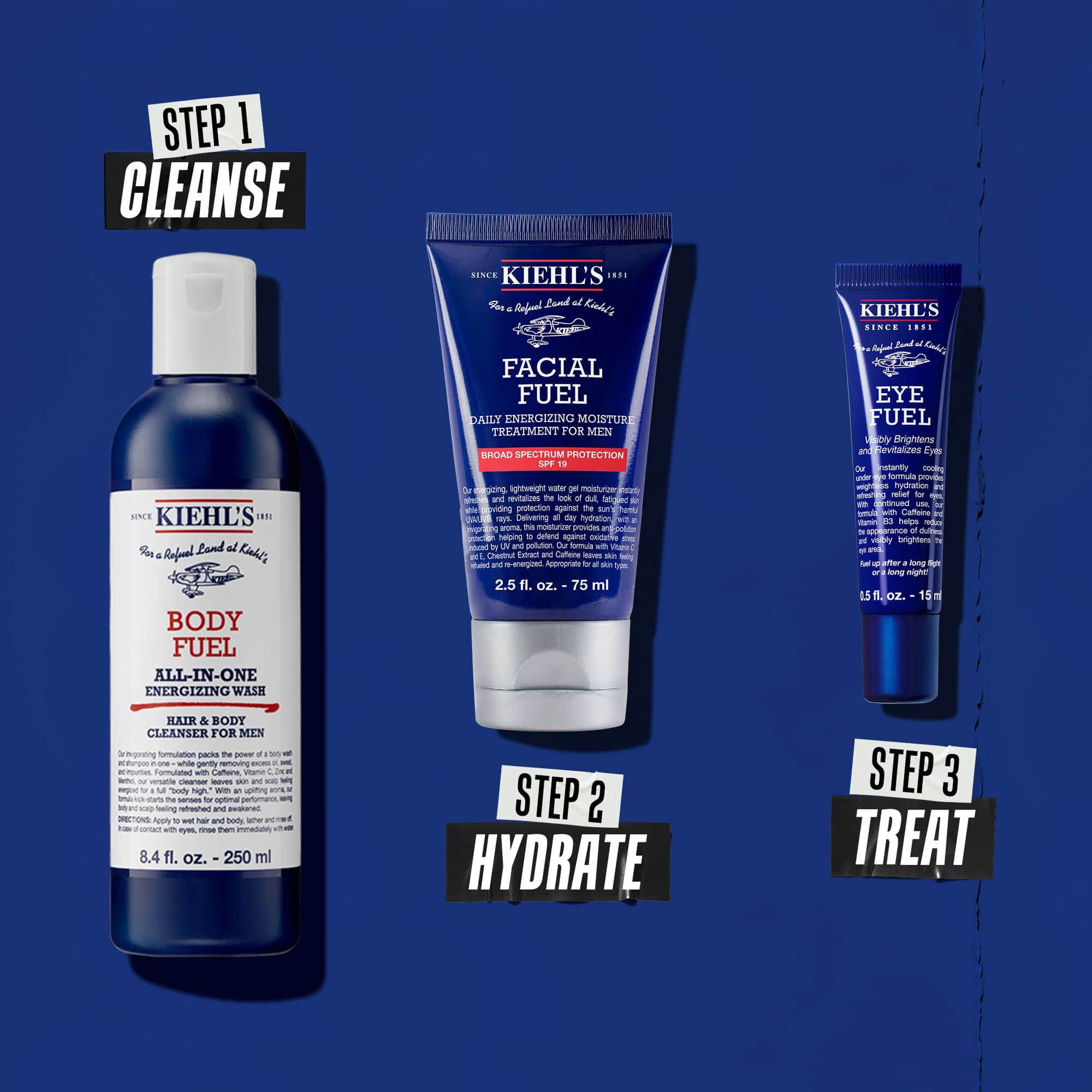 Routine Body Fuel en trois etapes : Etape 1 : Nettoyage. Etape 2 : Hydratation avec le soin Facial Fuel. Etape 3 : Soin yeux Facial Fuel Eye Fuel.