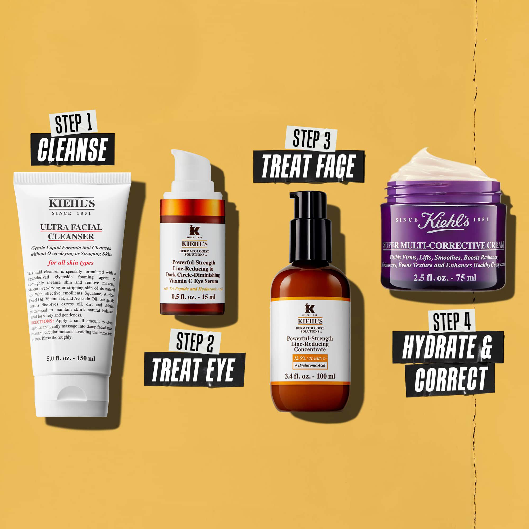 Quatre produits Kiehl's representant une routine de soin. De gauche a droite : nettoyant, creme contour des yeux, Powerful-Strength Line-Reducing Concentrate et hydratant.