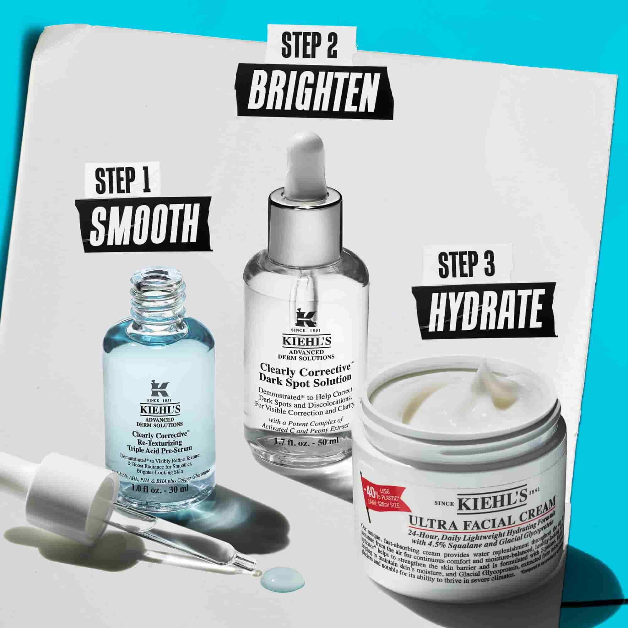 Deux produits Kiehl's sur une surface blanche avec un fond bleu : Clearly Corrective Triple Acid Peel et Retinol Skin-Renewing Daily Micro-Dose Serum.