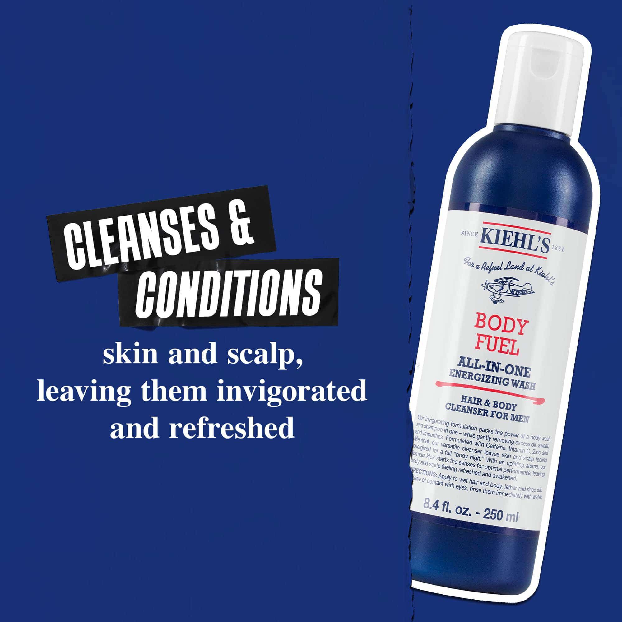 Nettoyant Body Fuel All-In-One Energizing Wash : nettoie et prend soin de la peau, des cheveux et du cuir chevelu, pour un effet rafraichissant.