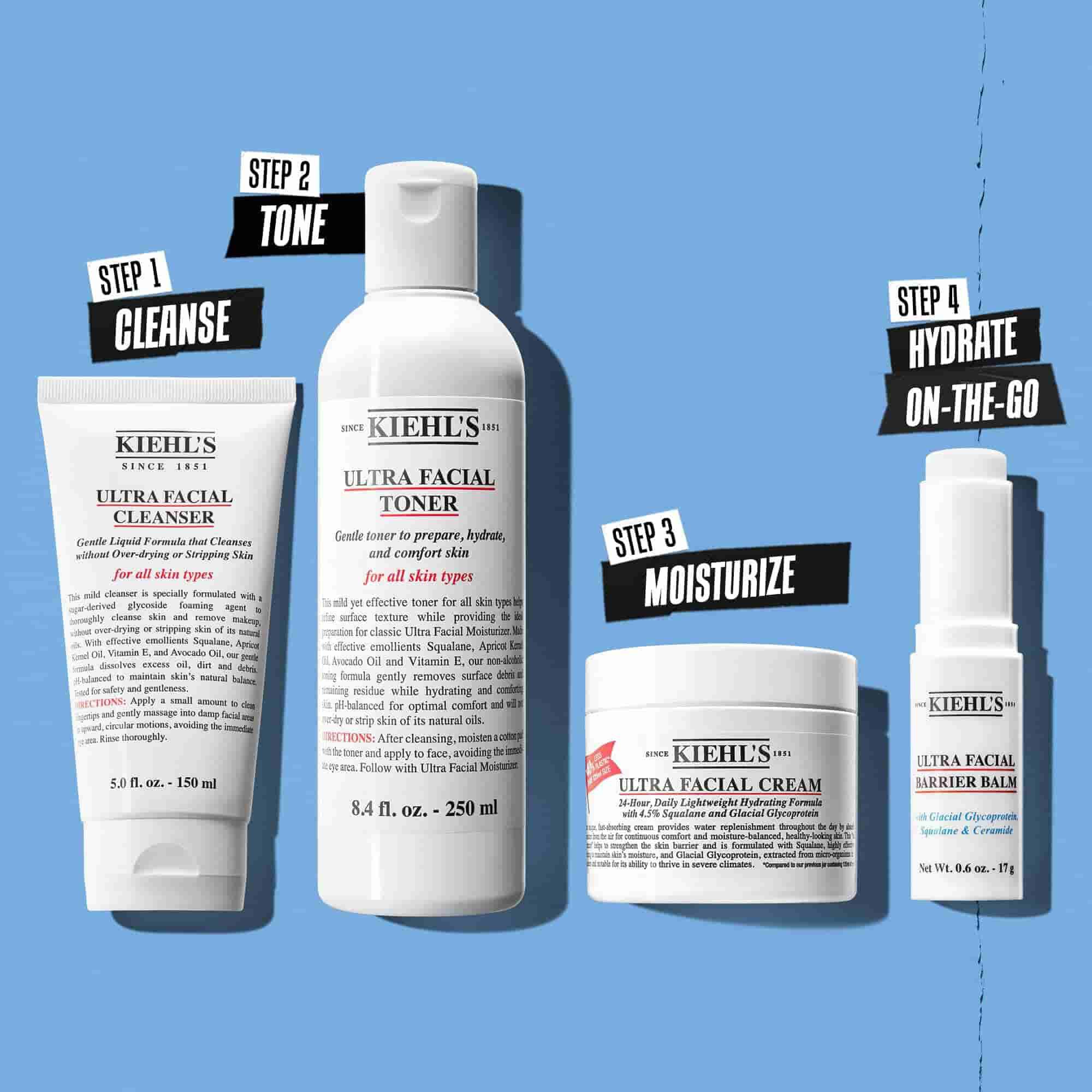 Routine-Illustration mit Kiehl's Ultra Facial Cleanser – Reinigen, Tonisieren, Hydratisieren, Feuchtigkeit fur unterwegs