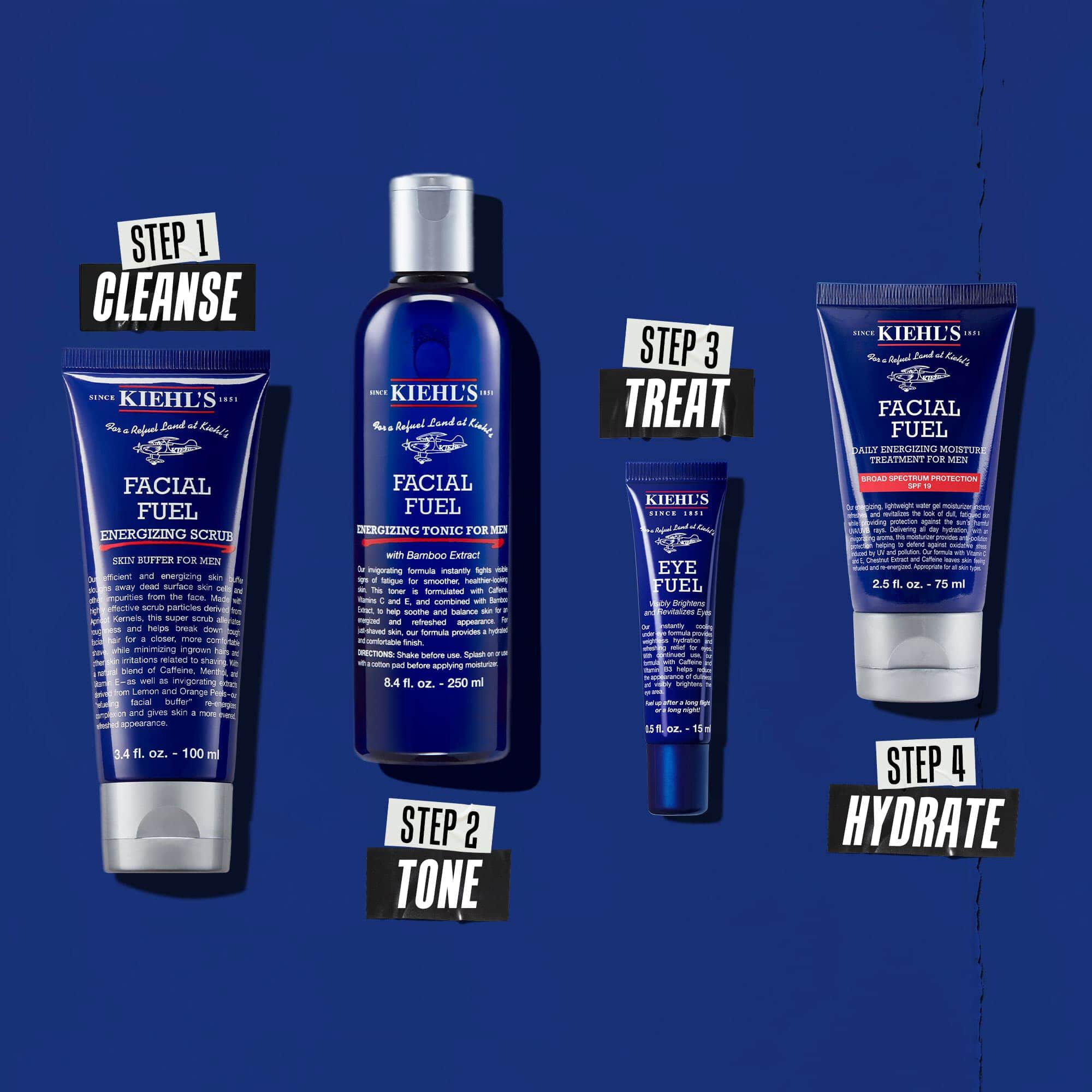 Routine en quatre etapes pour nettoyer, tonifier, traiter et hydrater.