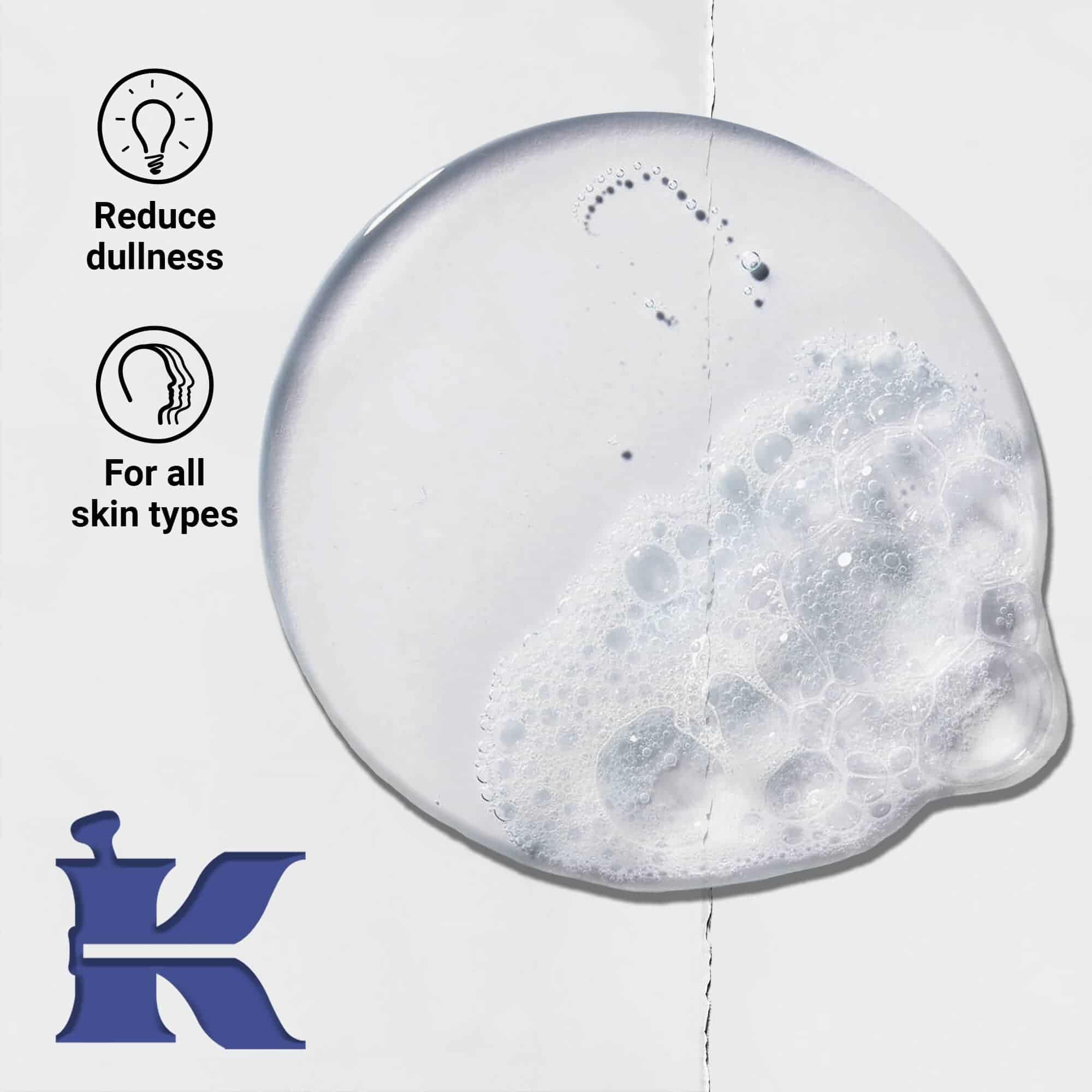 Photo de la texture de Facial Fuel avec des icones indiquant qu'il reduit le teint terne et convient a tous les types de peau