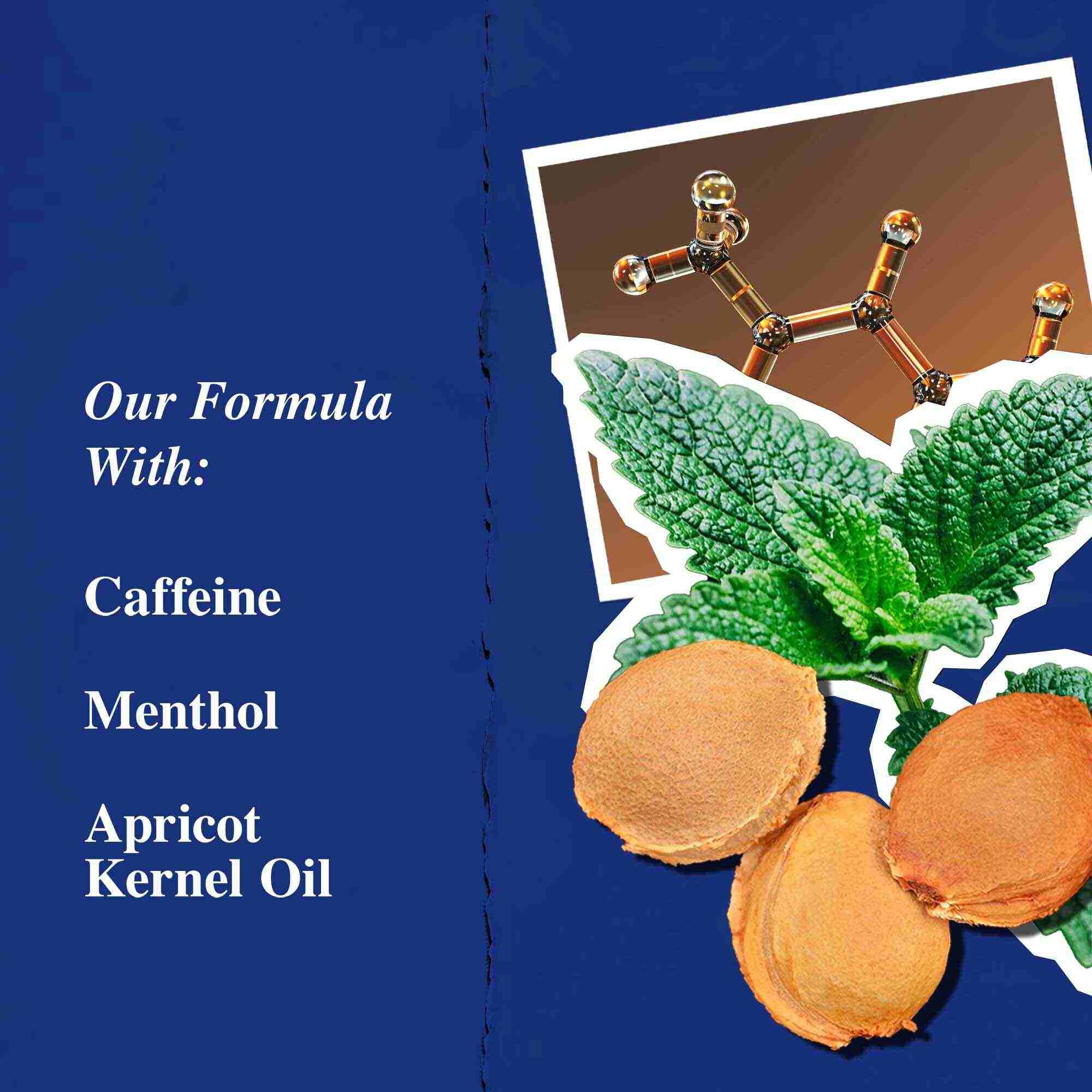 Graphique des ingredients cles mettant en avant la cafeine, le menthol et l'huile de noyau d'abricot.