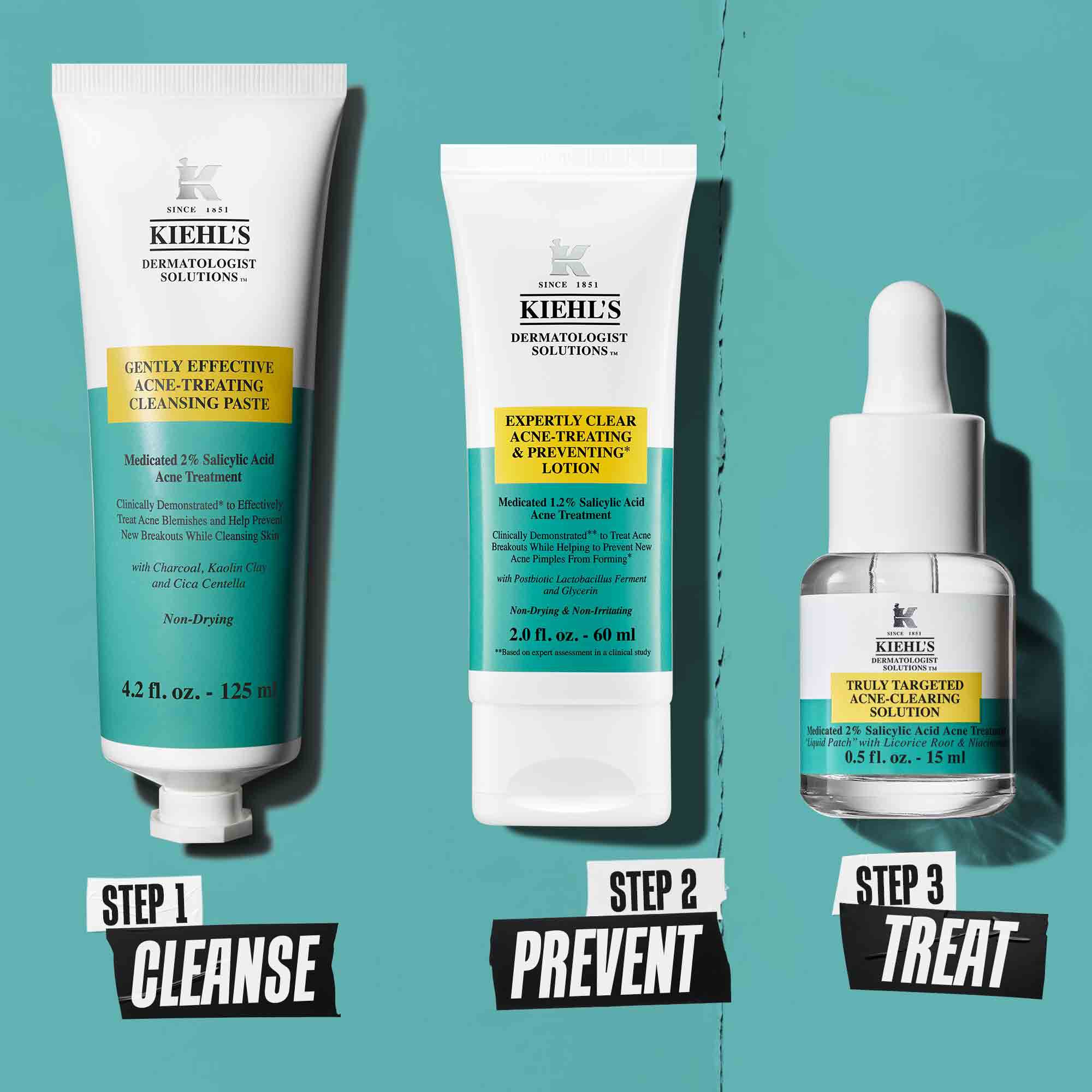 Eine dreistufige Routine gegen Hautunreinheiten mit Kiehl's Produkten. Schritt 1: Reinigungspaste gegen Hautunreinheiten. Schritt 2: Lotion zur Behandlung und Vorbeugung von Hautunreinheiten. Schritt 3: Gezielte Losung gegen Hautunreinheiten.