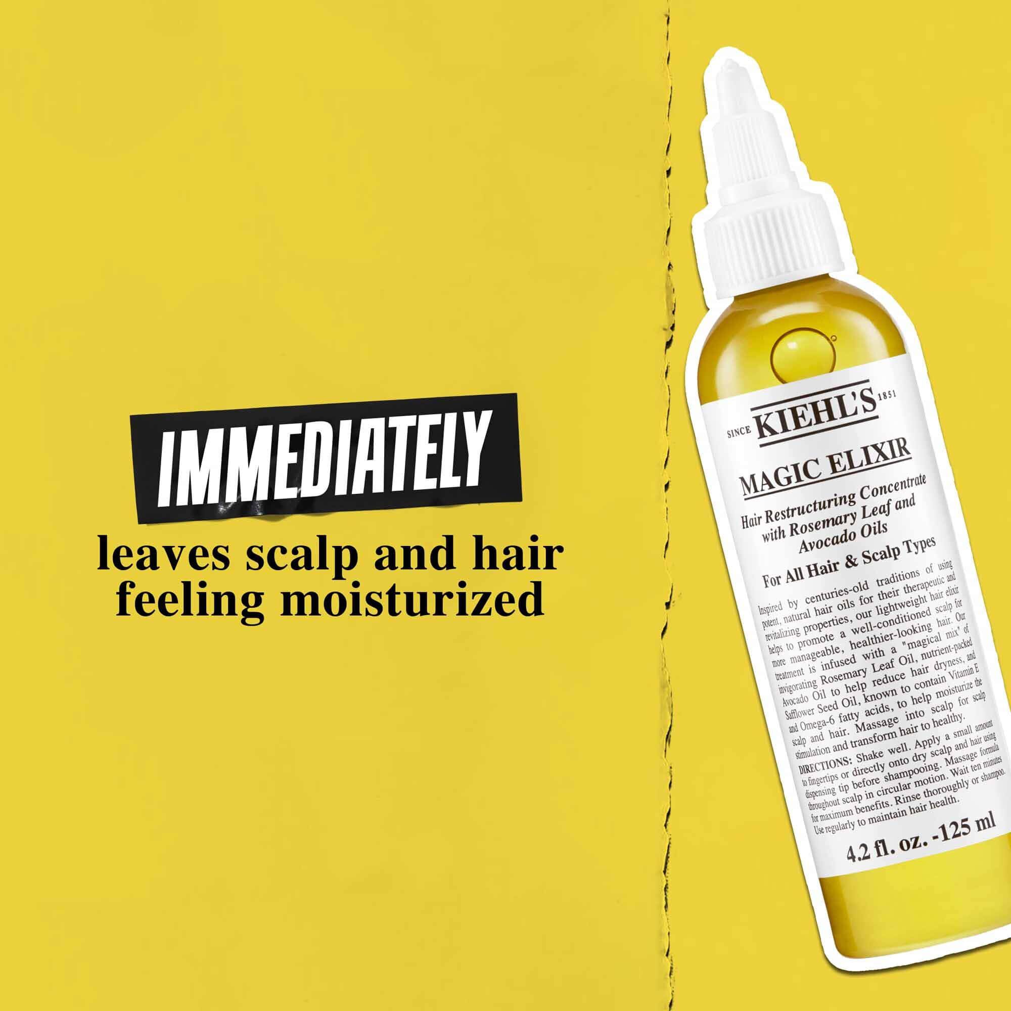 Eine Flasche Magic Elixir Hair Oil vor goldenem Hintergrund mit dem Text: „Hinterlasst sofort ein Gefuhl von Feuchtigkeit auf Kopfhaut und Haar.“