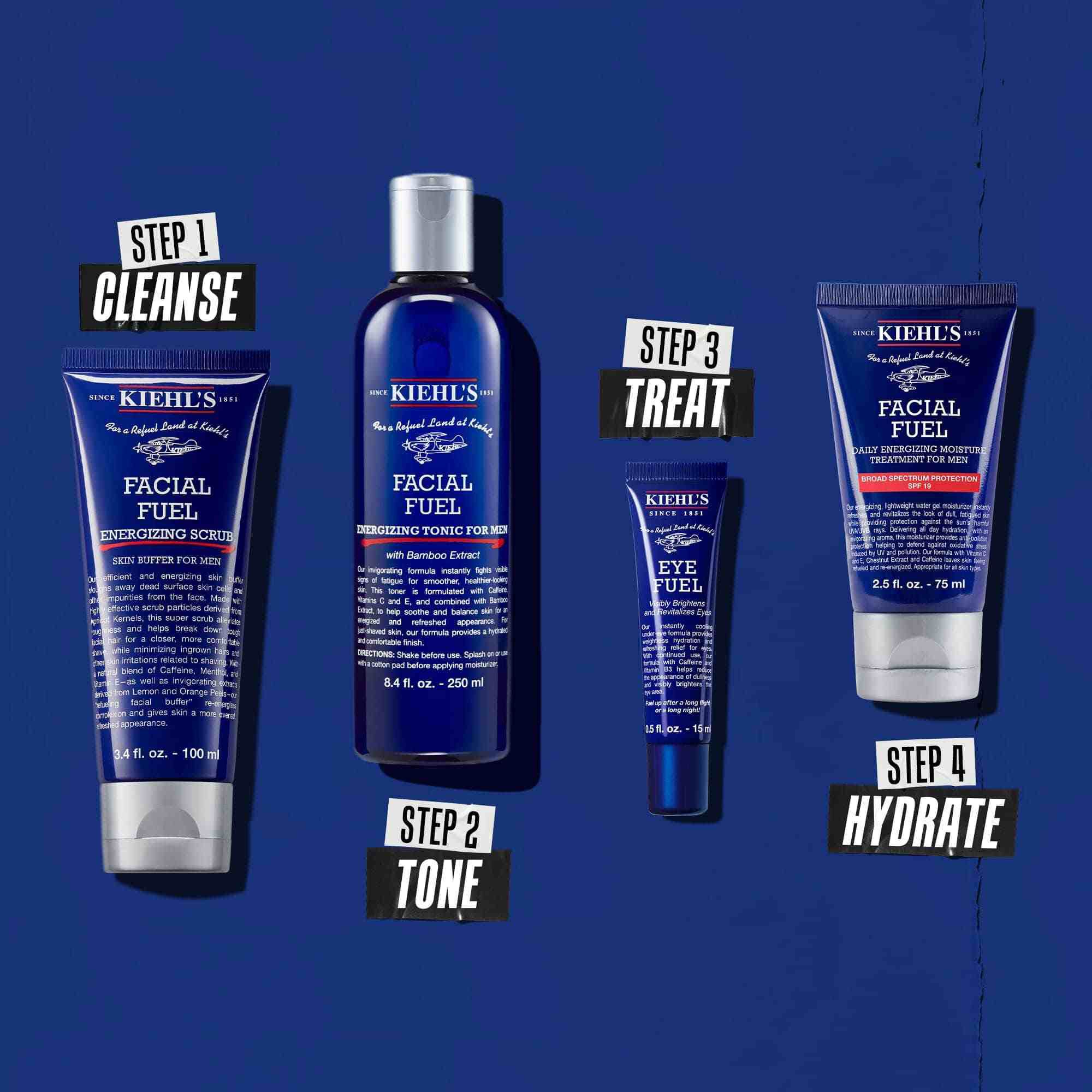 Routine en quatre etapes pour nettoyer, tonifier, traiter et hydrater.
