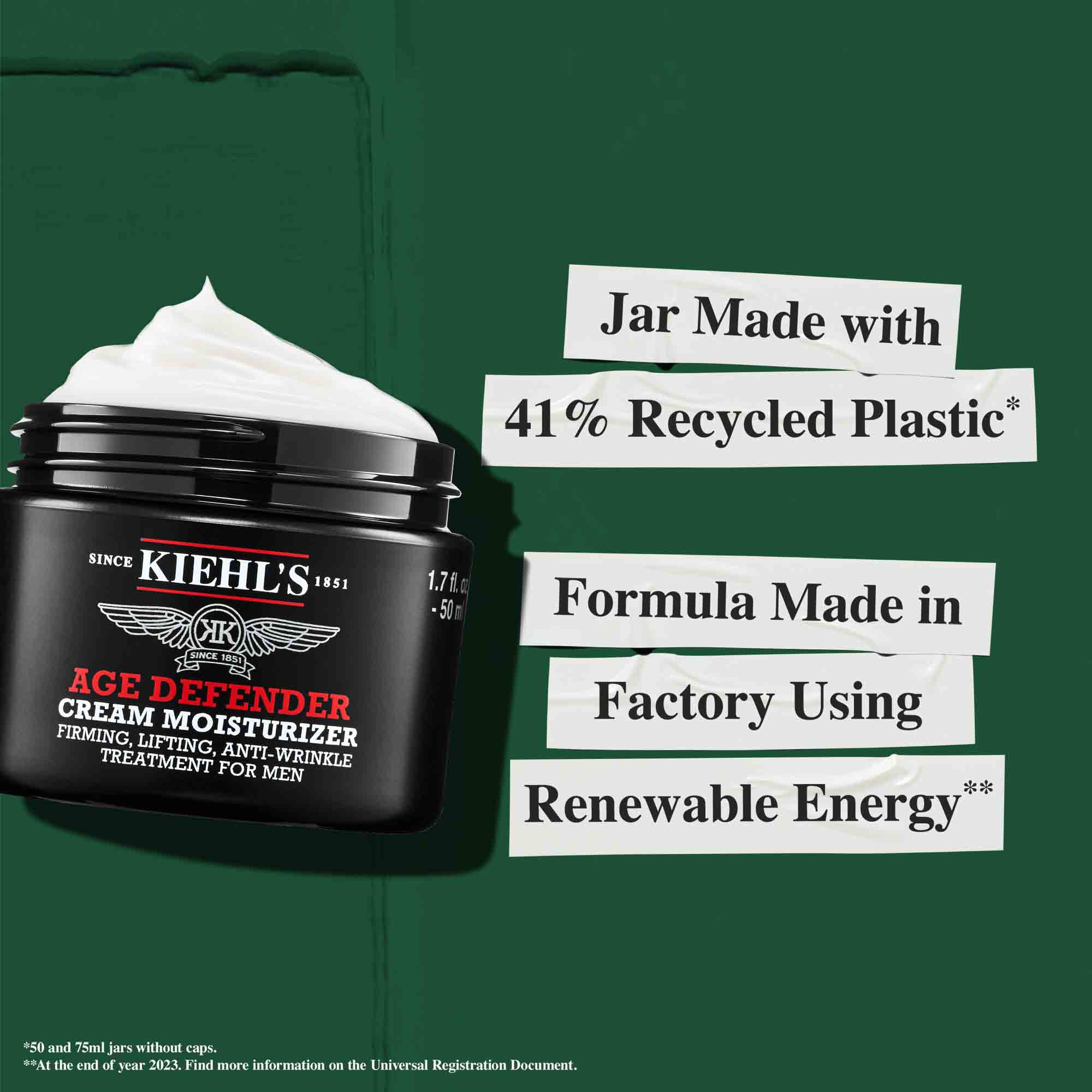 Age Defender Tiegel aus 41 % recyceltem Kunststoff; Formel hergestellt in einem Werk mit erneuerbarer Energie.