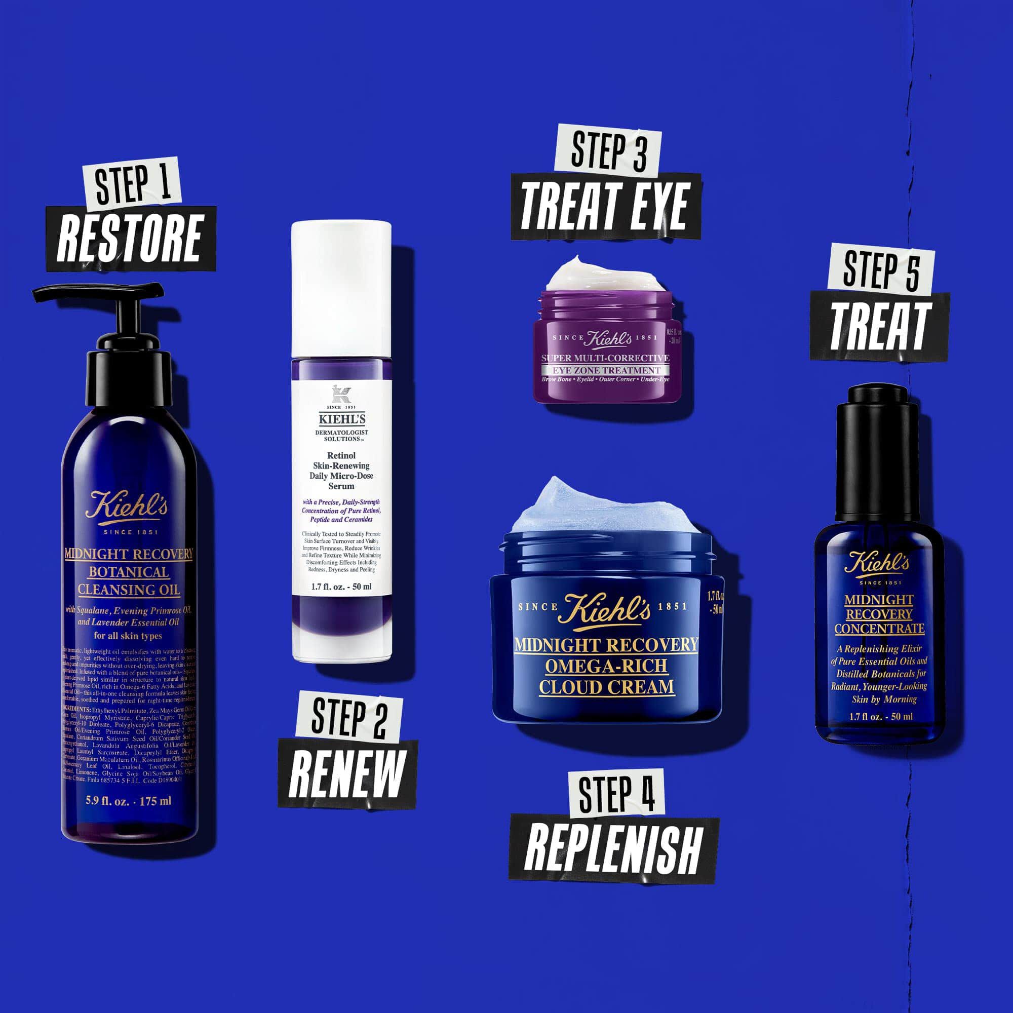 Une routine du soir en cinq etapes avec les produits Kiehl's. De gauche a droite : nettoyant, serum au retinol, creme contour des yeux, hydratant et Midnight Recovery Concentrate.