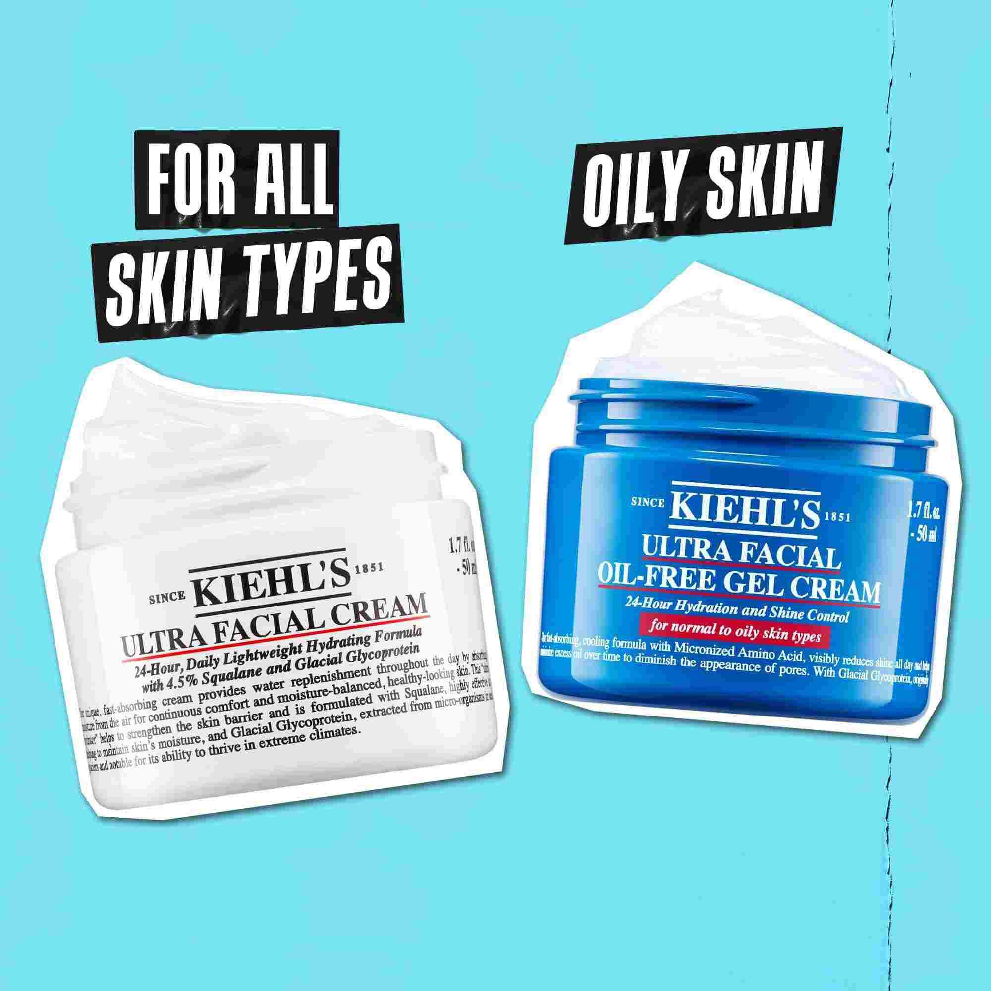 Zwei Kiehl's Tiegel nebeneinander auf blauem Hintergrund. Die Ultra Facial Cream ist mit „Fur alle Hauttypen“ gekennzeichnet, und die Ultra Facial Oil-Free Gel Cream ist mit „Fettige Haut“ gekennzeichnet.