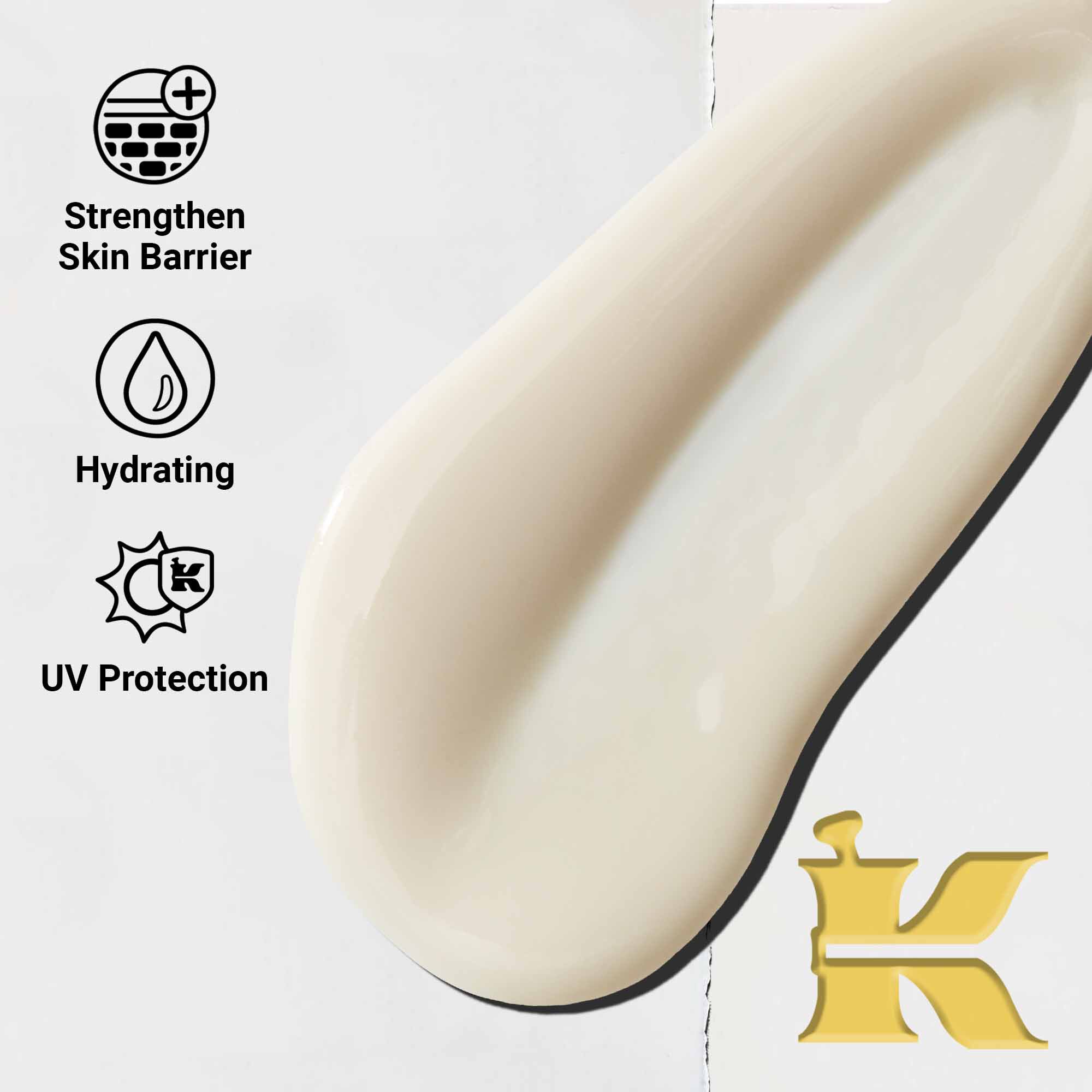 Gros plan sur la texture de l'Ultra-Light Daily UV Defense. Le texte souligne sa legerete, son hydratation et sa protection UV a large spectre.