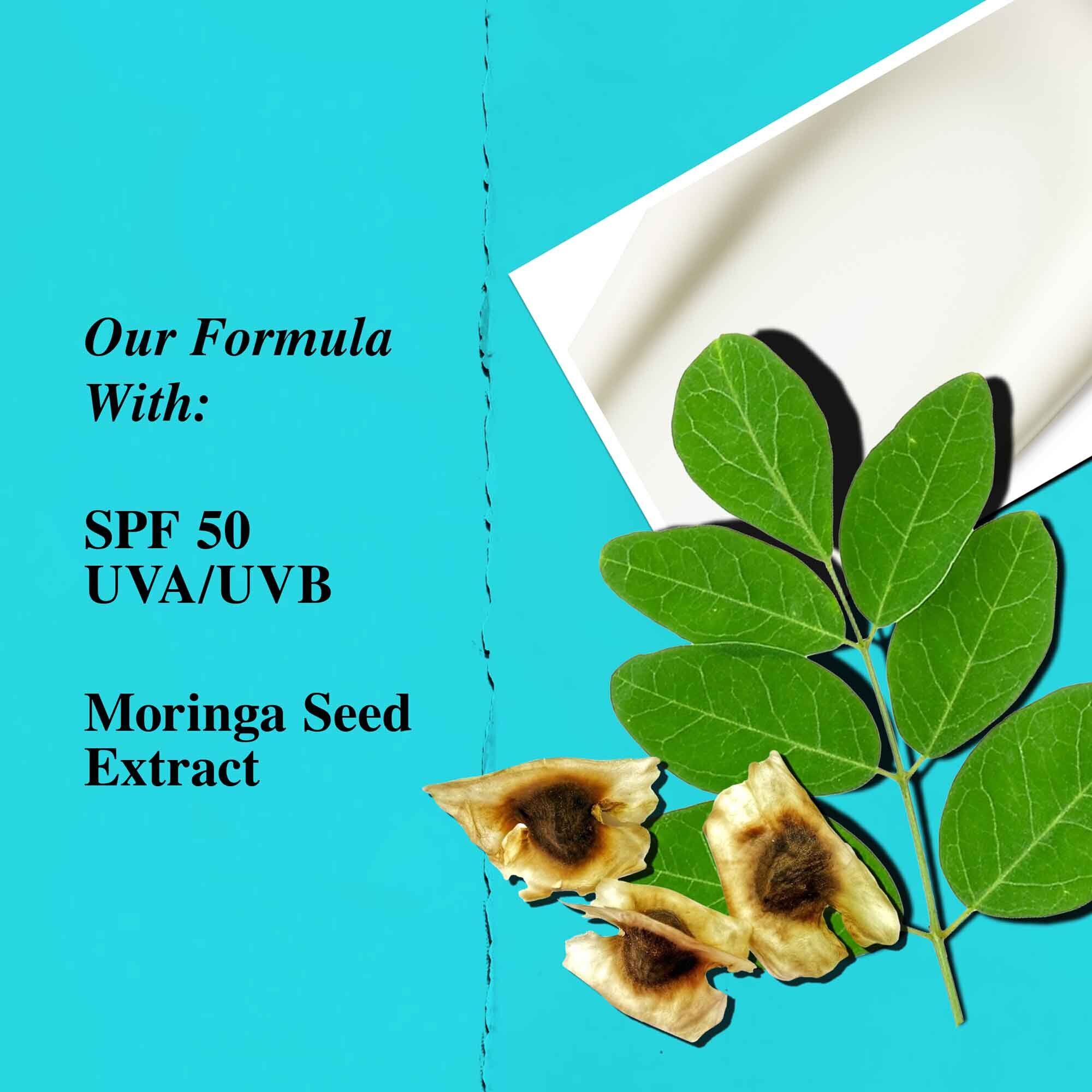 Eine Grafik, die die Hauptinhaltsstoffe von Ultra Light Daily UV Defense Aqua Gel hervorhebt, einschließlich LSF 50 und Moringasamenextrakt.