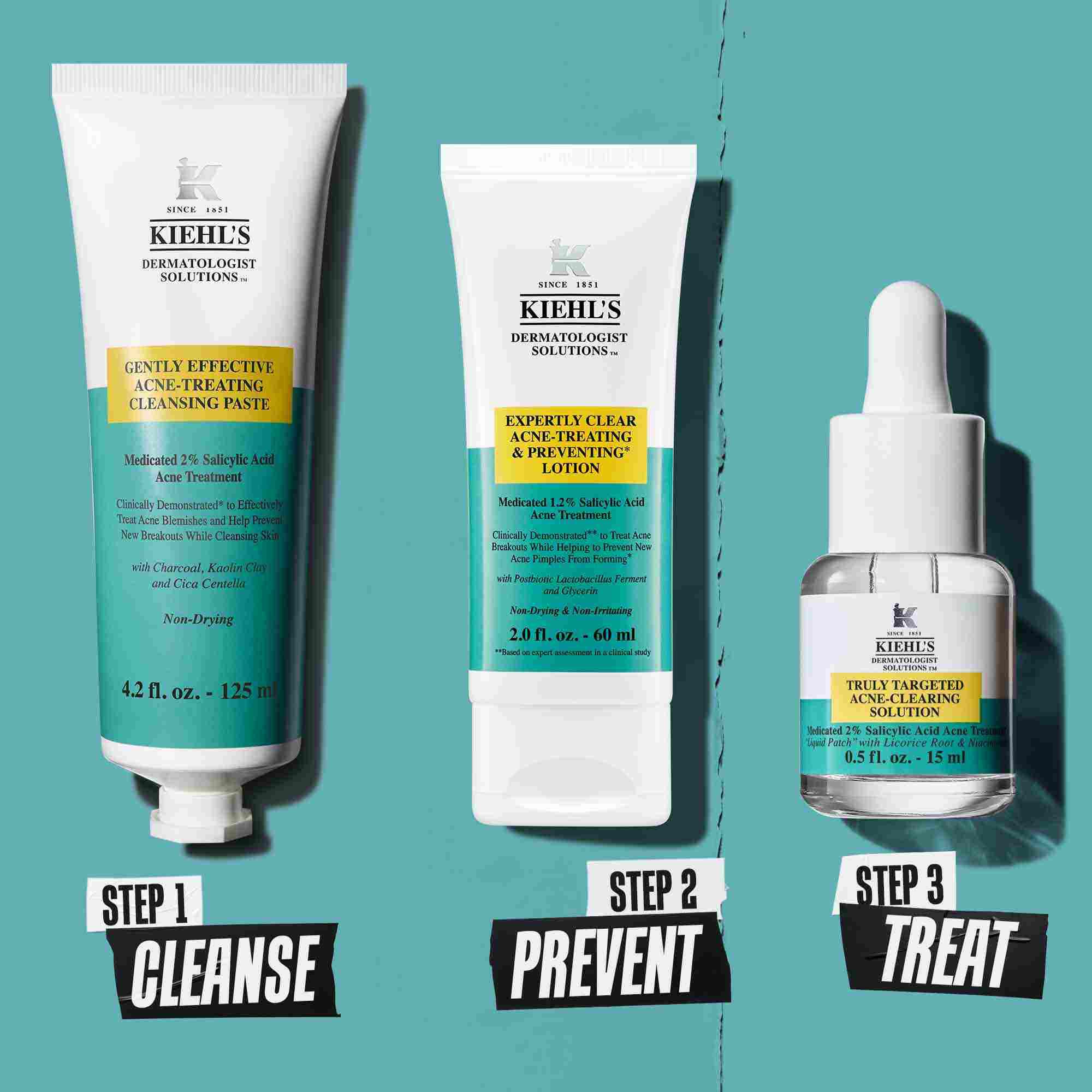 Eine dreistufige Routine gegen Hautunreinheiten mit Kiehl's Produkten. Schritt 1: Reinigungspaste gegen Hautunreinheiten. Schritt 2: Lotion zur Behandlung und Vorbeugung von Hautunreinheiten. Schritt 3: Gezielte Losung gegen Hautunreinheiten.