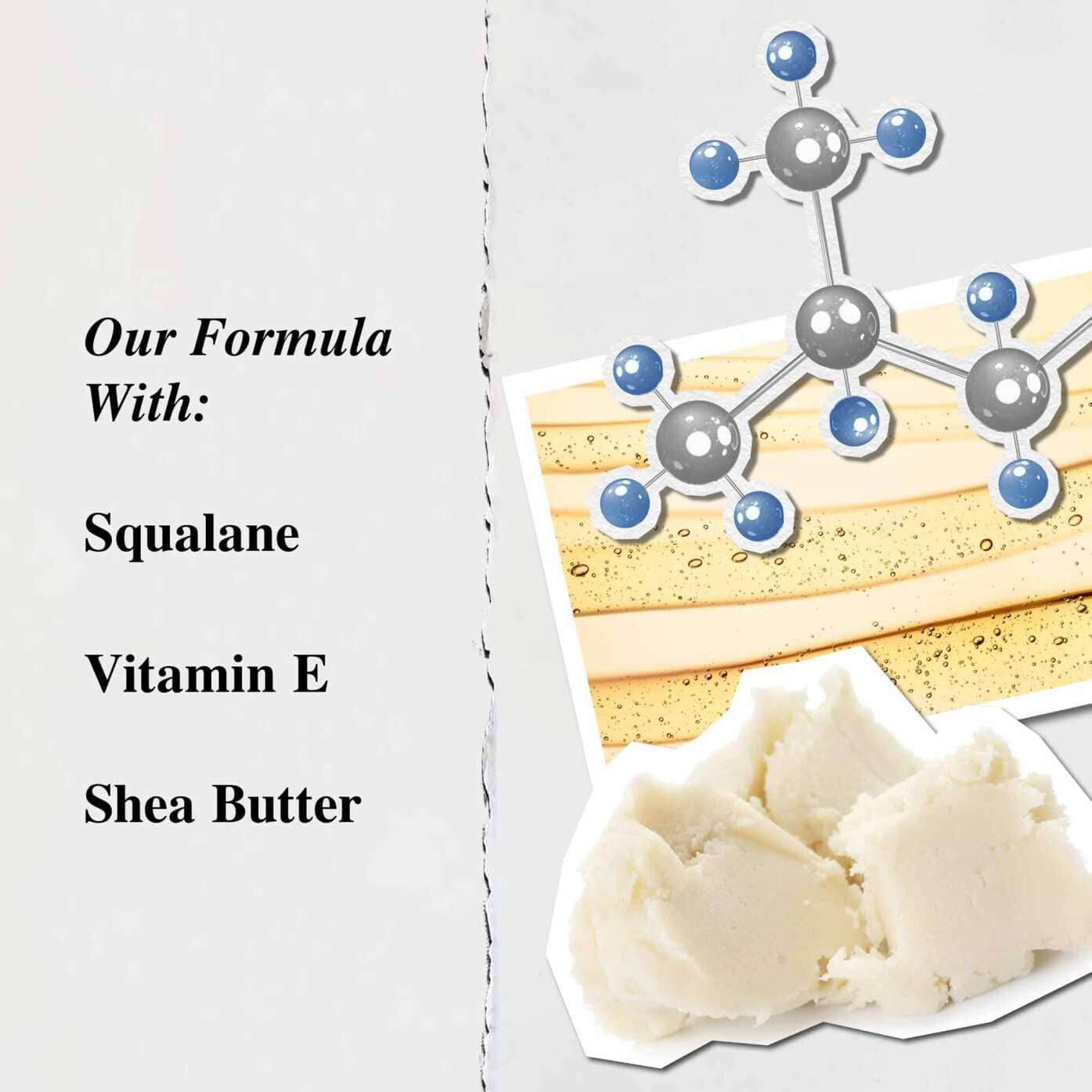Eine Grafik, die die Hauptinhaltsstoffe von Lip Balm #1 hervorhebt: Sheabutter, Squalan und Vitamin E.