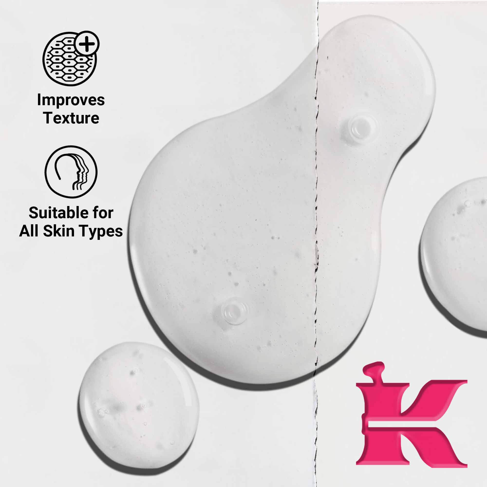 Gros plan sur la texture du serum Ultra Pure 9.8% Glycolic Acid montrant des gouttelettes liquides claires. Le texte souligne sa capacite a ameliorer la texture et sa compatibilite avec tous les types de peau.