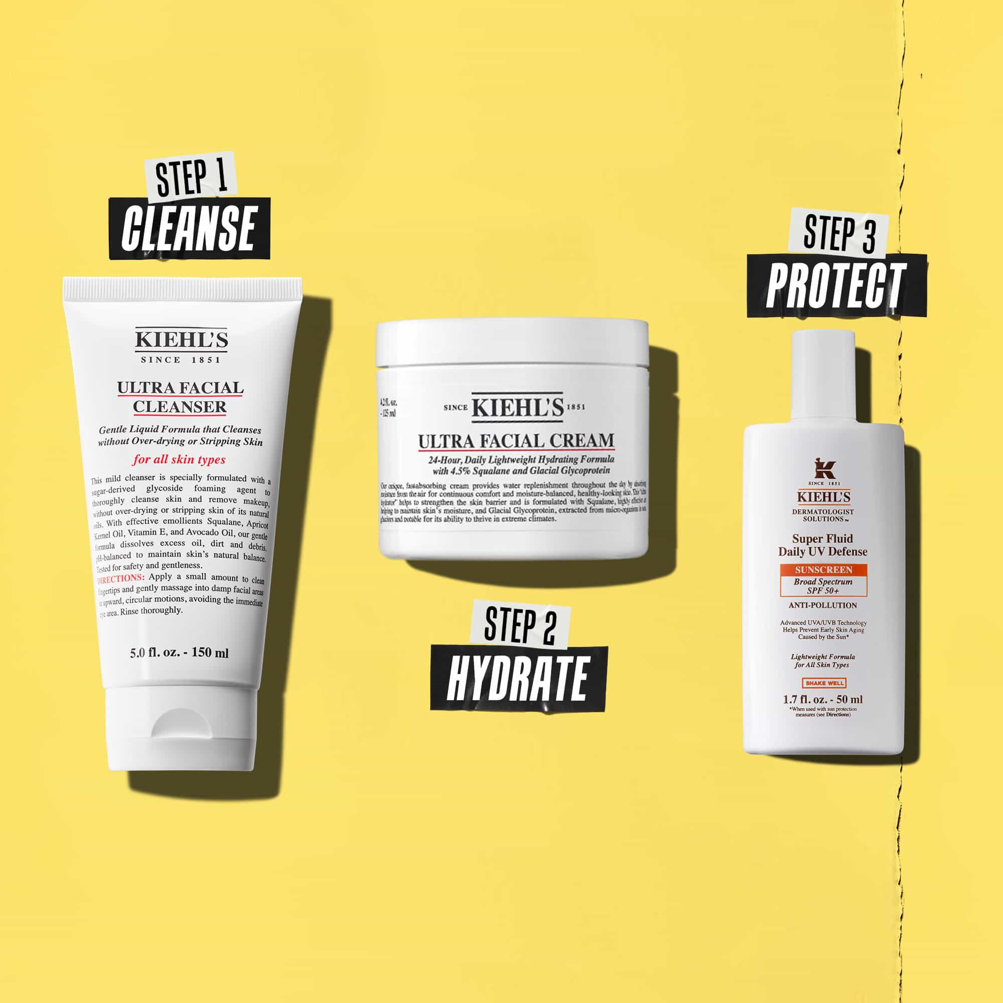Trois produits Kiehl's representant une routine. De gauche a droite : nettoyant, hydratant et ecran solaire.