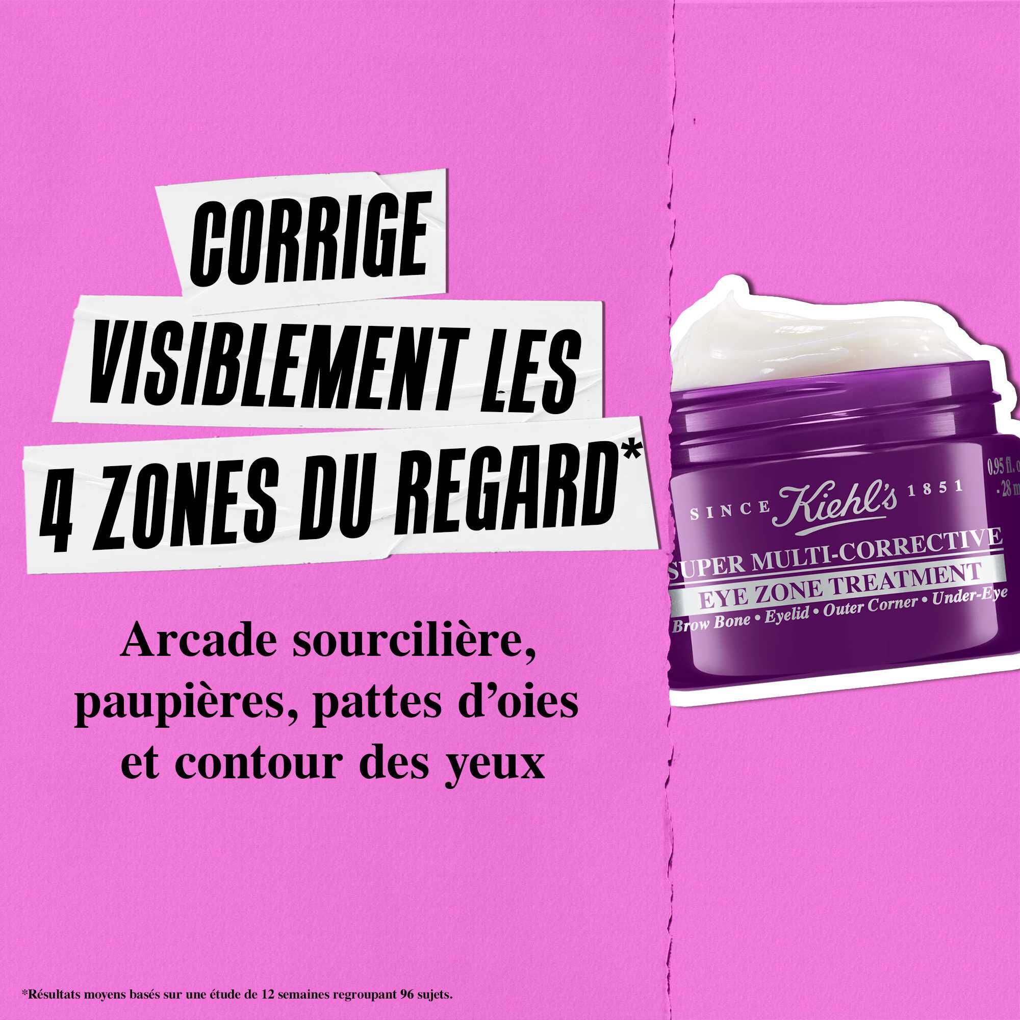 Corrige visiblement les 4 zones du regard : arcade sourciliere, paupiere, pattes d'oie et dessous de l'oeil