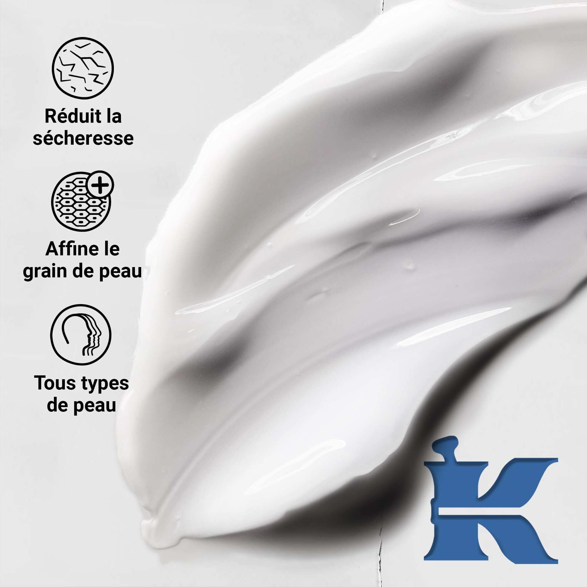 Photo de la texture du produit indiquant qu'il reduit la secheresse, ameliore la texture et convient a tous les types de peau