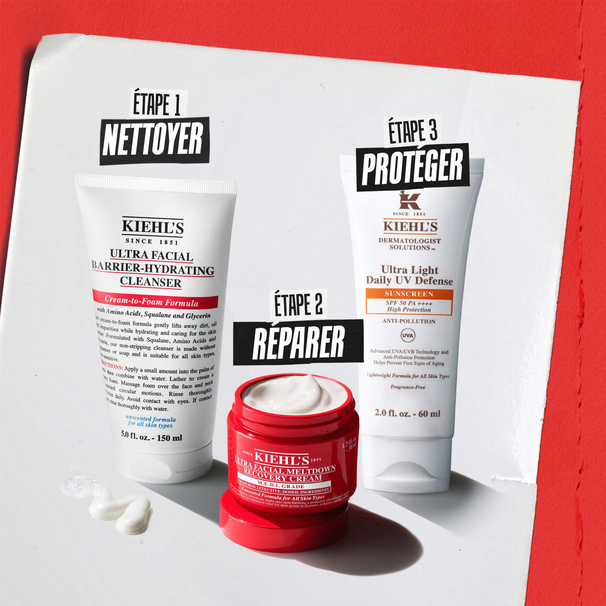 Trois produits Kiehl’s : Etape 1 Nettoyer (Barrier-Hydrating Cleanser), Etape 2 Reparer (Meltdown Recovery Cream) et Etape 3 Proteger (Better Screen UV Serum).