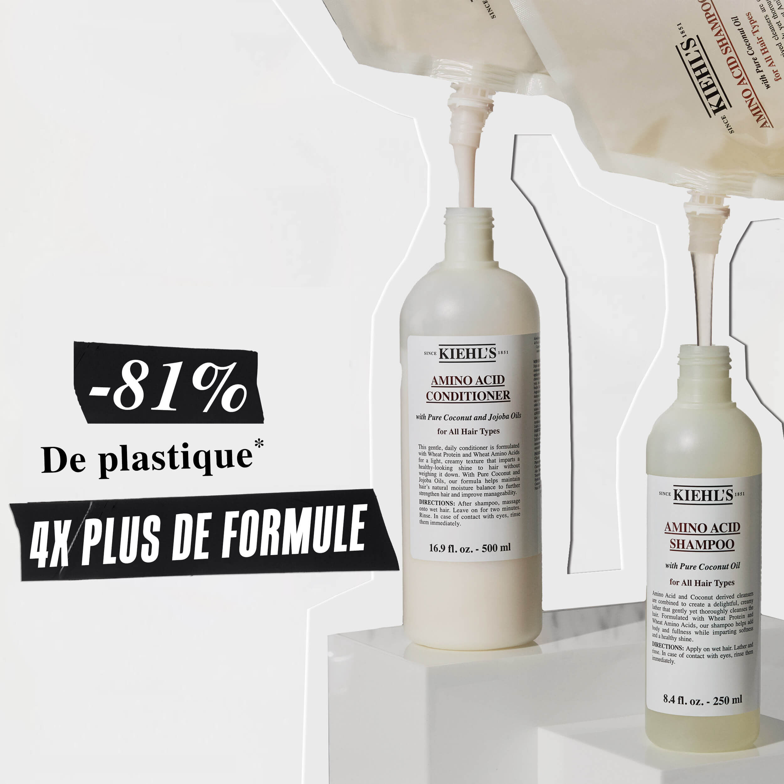 Bouteilles de shampoing et d'apres-shampoing Amino Acid de Kiehl's avec texte promotionnel soulignant 81 % de plastique en moins et 4 fois plus de formule.